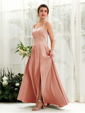 Carlyna A-Linie Bodenlang Satin Neckholder Brautjungfernkleid Cantaloupe #farbe_cantaloupe