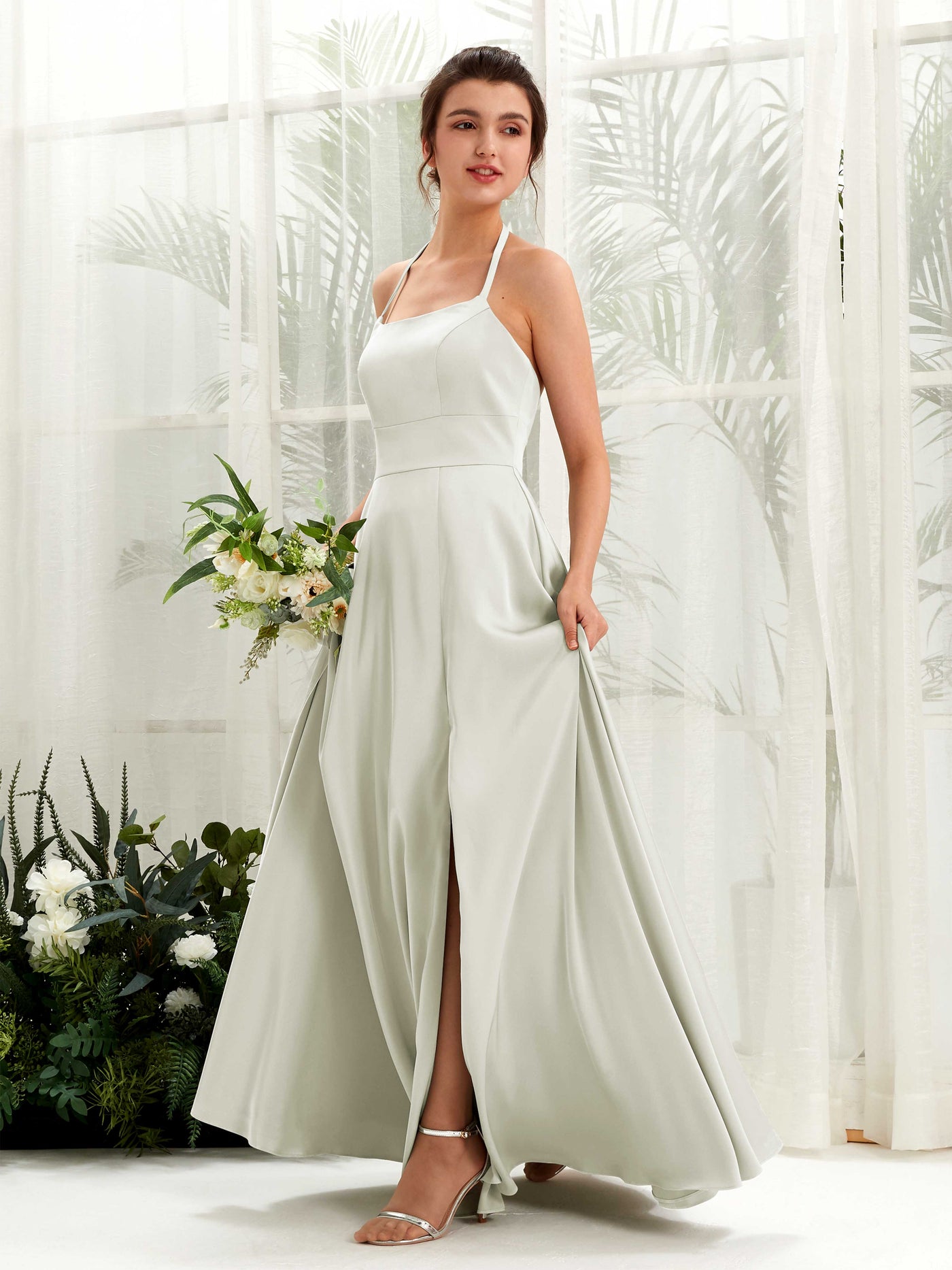 Carlyna A-Linie Bodenlang Satin Neckholder Brautjungfernkleid Elfenbein #farbe_elfenbein