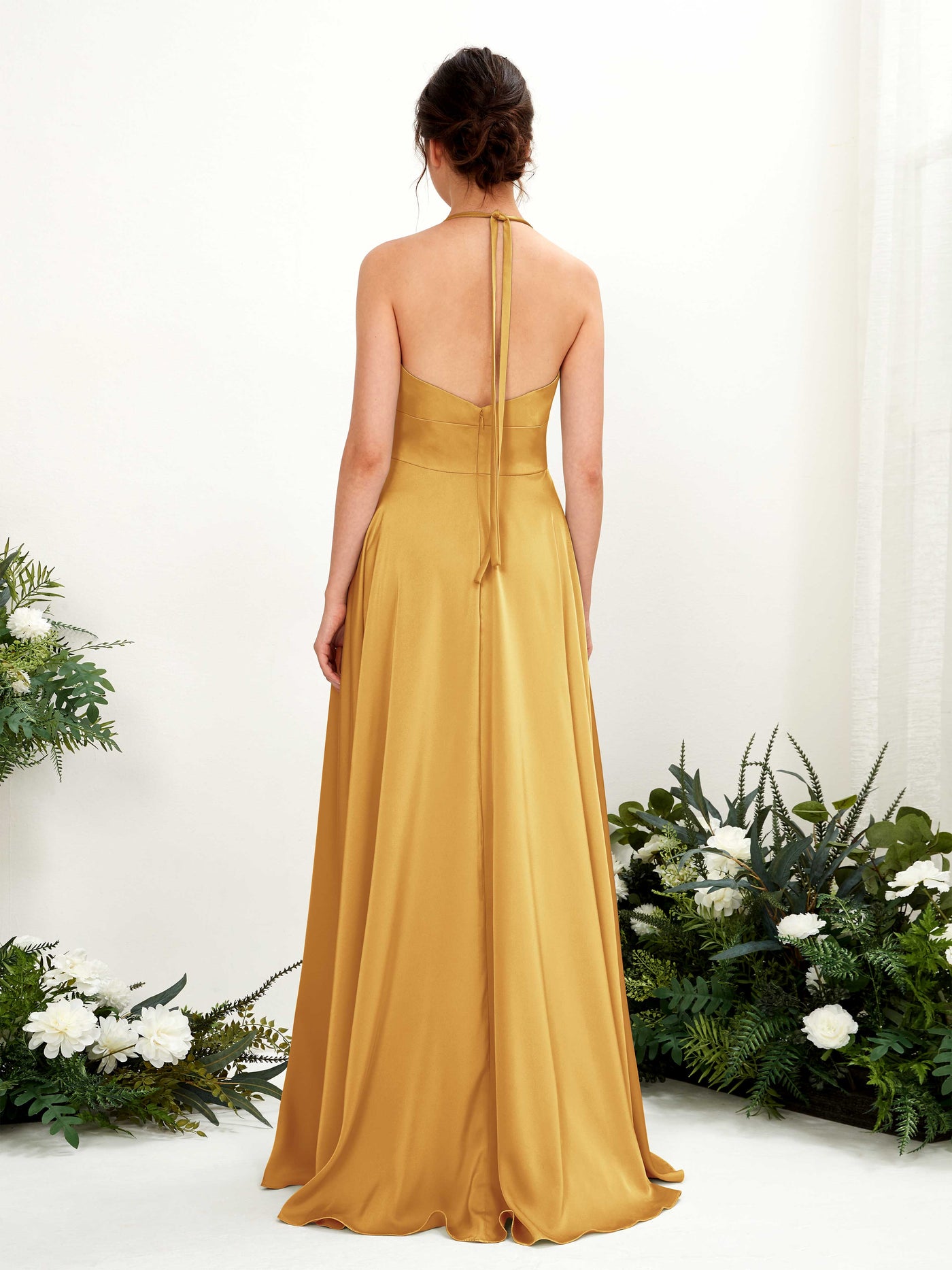 Carlyna A-Linie Bodenlang Satin Neckholder Brautjungfernkleid Kanariengelb #farbe_kanariengelb