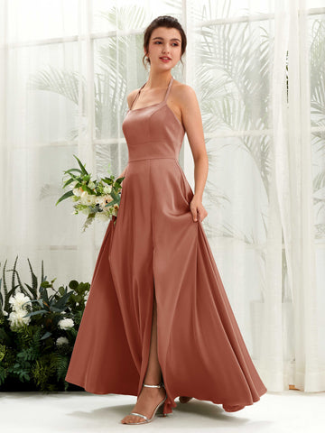 Carlyna A-Linie Bodenlang Satin Neckholder Brautjungfernkleid Natur-Siena #farbe_natur-siena