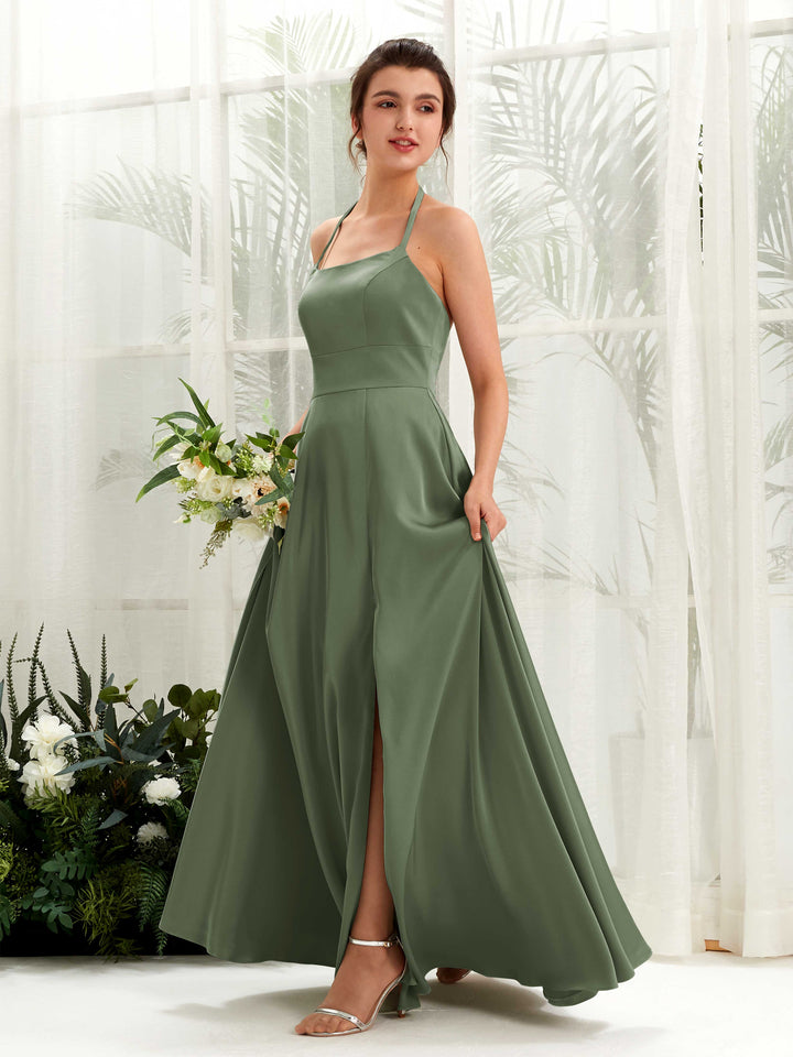 Carlyna A-Linie Bodenlang Satin Neckholder Brautjungfernkleid Olivgrün 