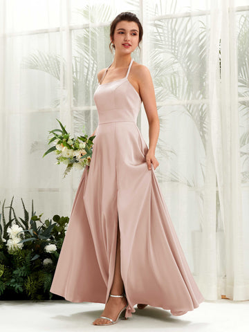 Carlyna A-Linie Bodenlang Satin Neckholder Brautjungfernkleid Perlrosa #farbe_perlrosa