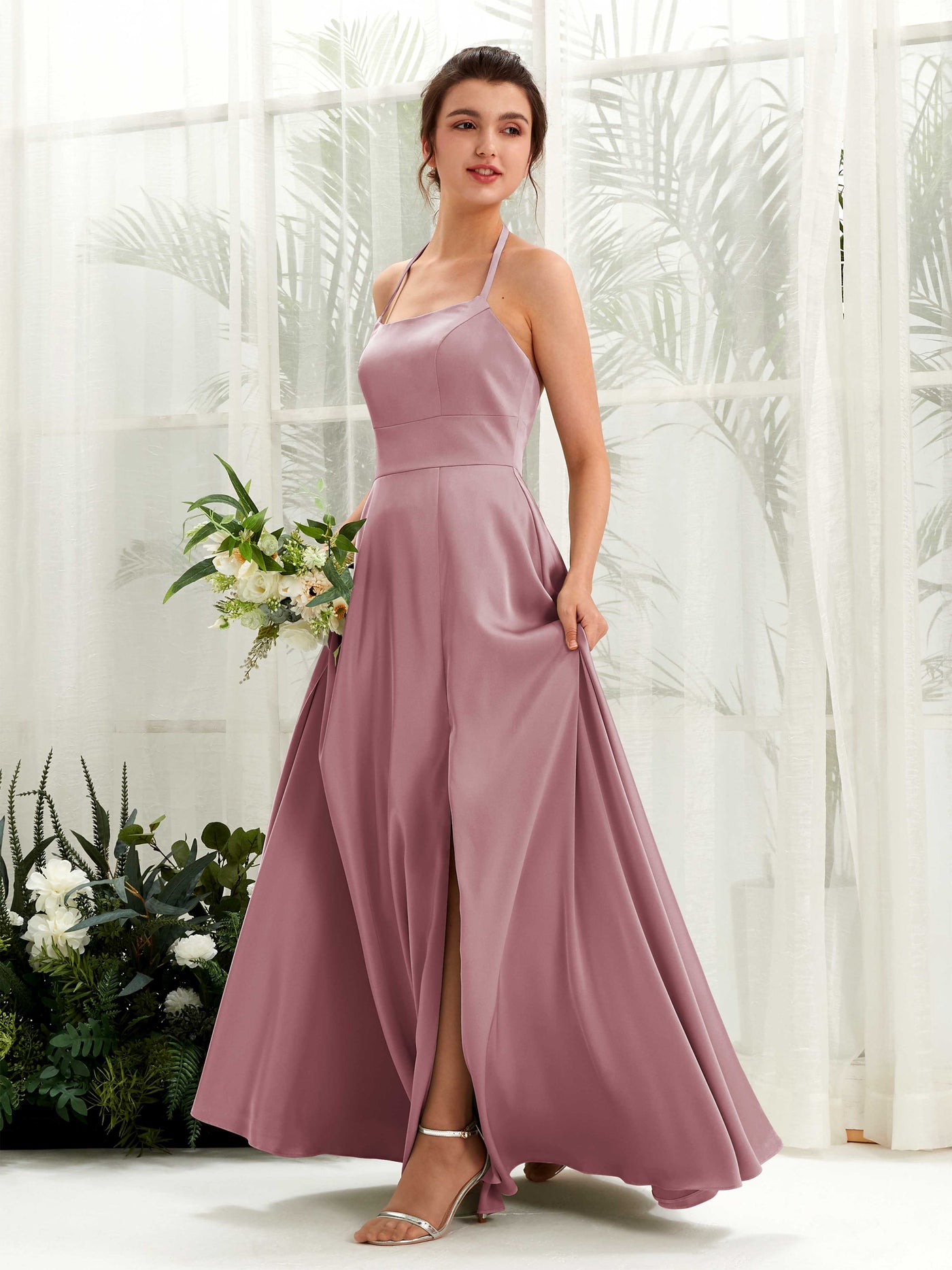 Carlyna A-Linie Bodenlang Satin Neckholder Brautjungfernkleid Rosenquarz #farbe_rosenquarz