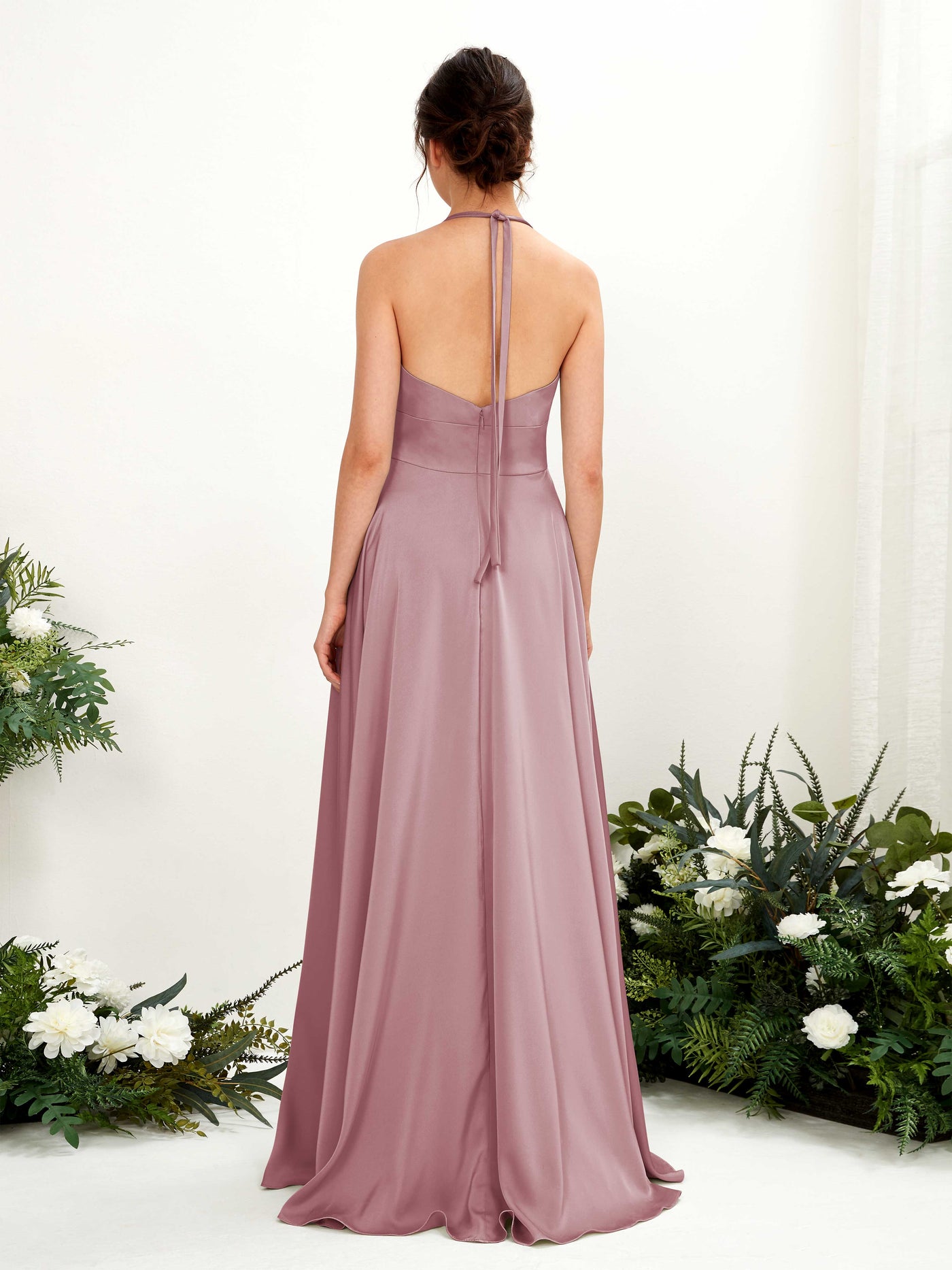 Carlyna A-Linie Bodenlang Satin Neckholder Brautjungfernkleid Rosenquarz #farbe_rosenquarz