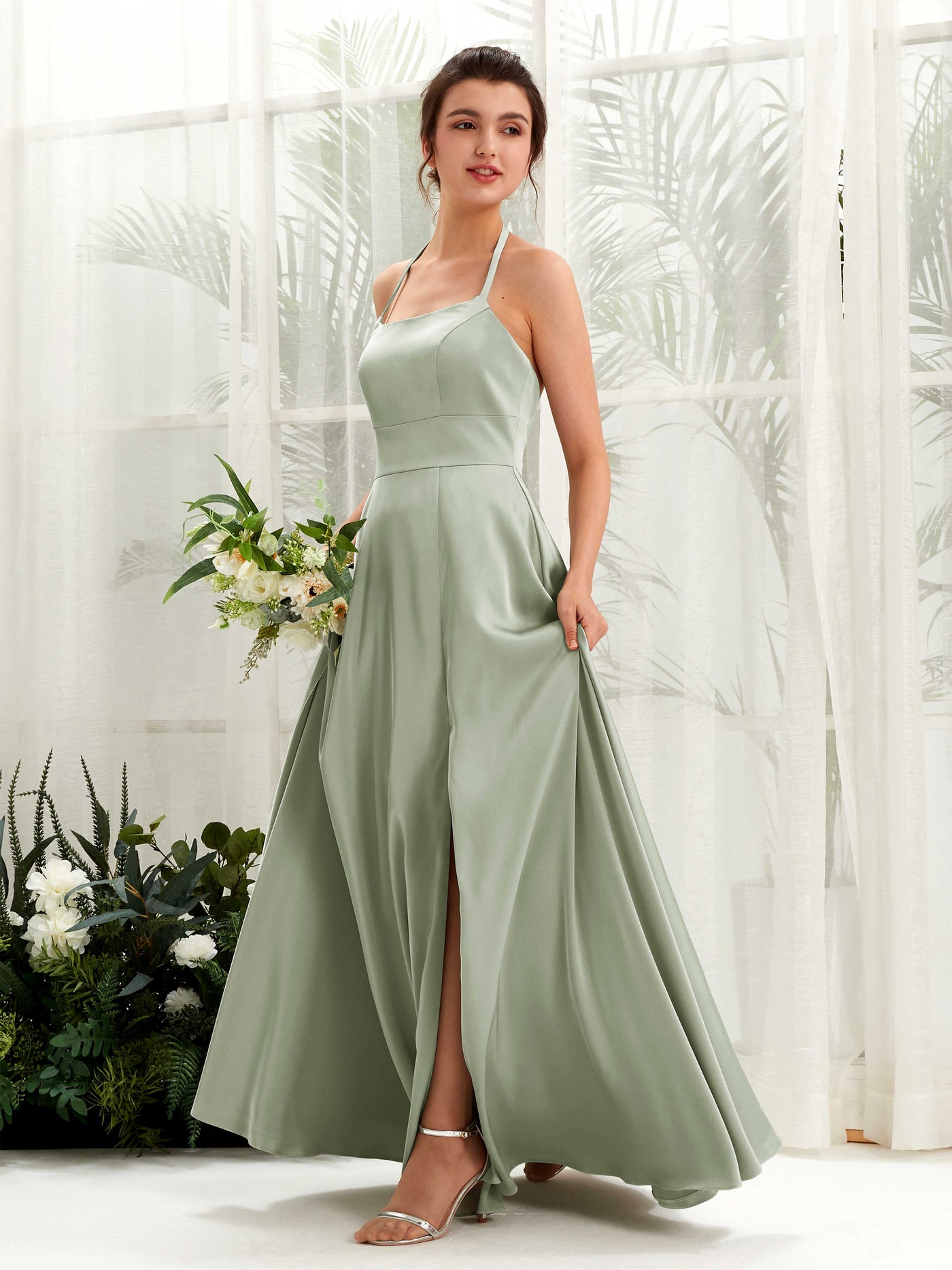 Carlyna A-Linie Bodenlang Satin Neckholder Brautjungfernkleid Salbeigrün #farbe_salbeigr-n