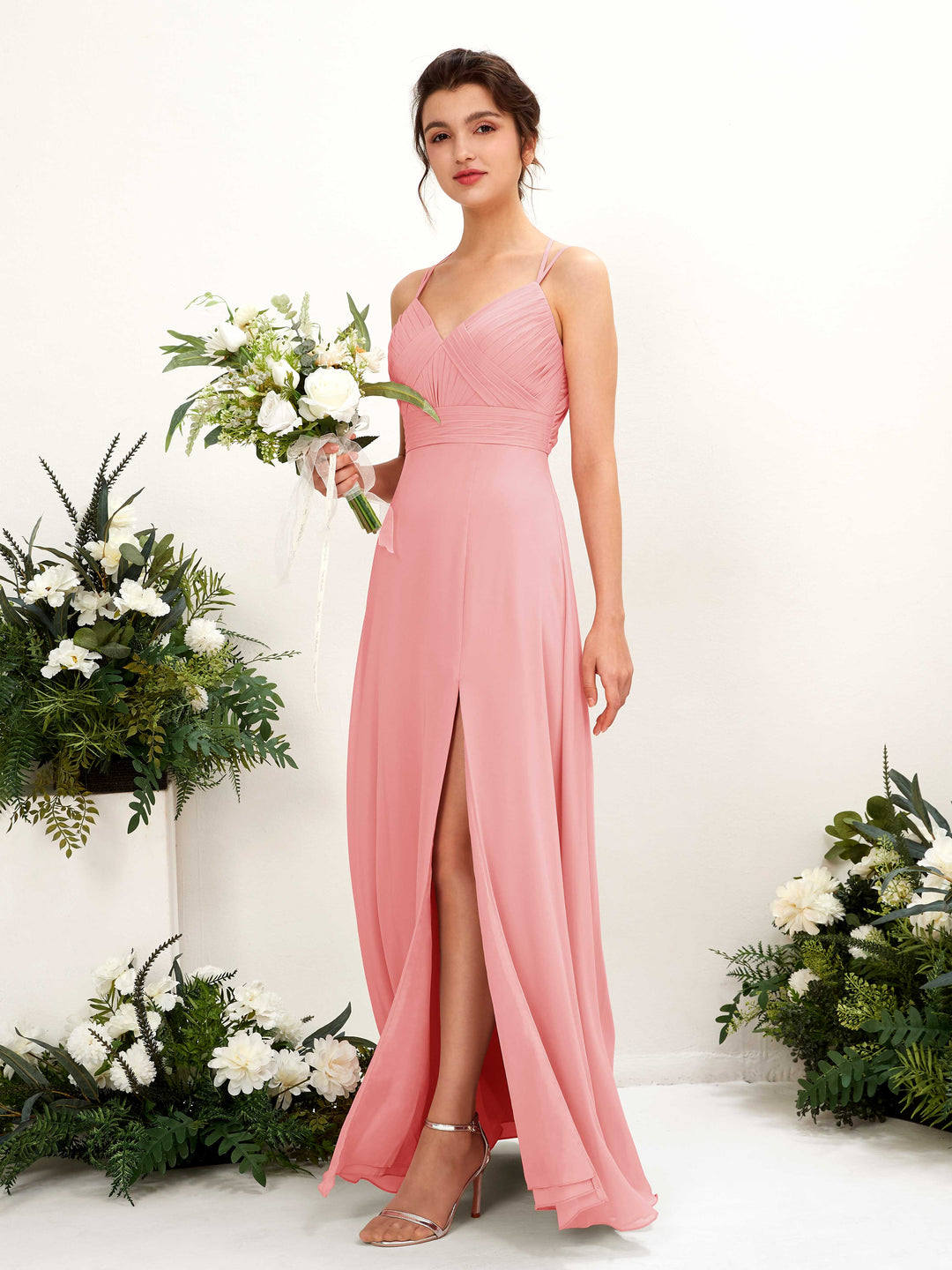 Carlyna A-Linie Bodenlang V-Ausschnitt Neckholder Brautjungfernkleider Ballettrosa 