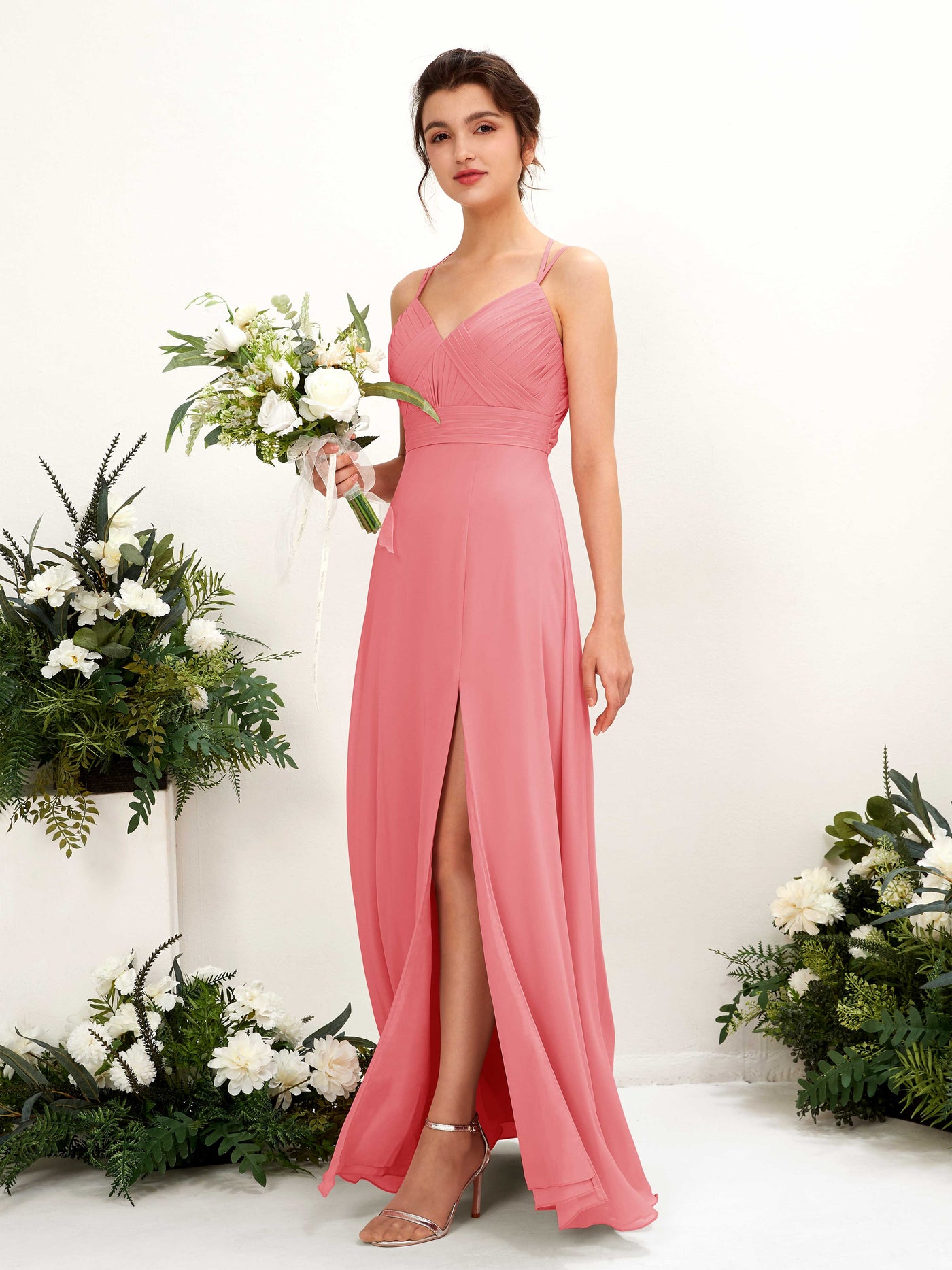 Carlyna A-Linie Bodenlang V-Ausschnitt Neckholder Brautjungfernkleider Korallenrosa #farbe_korallenrosa