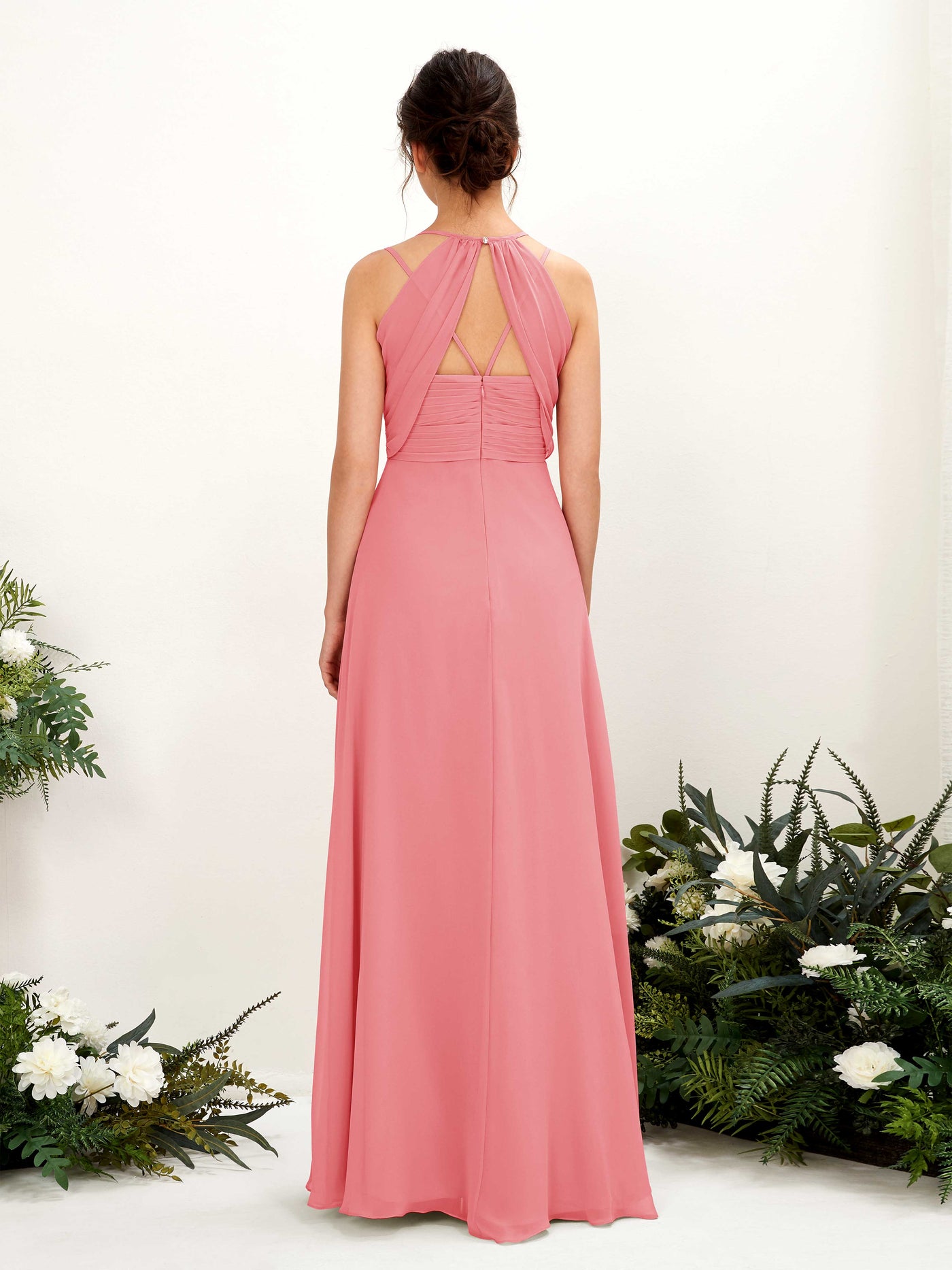 Carlyna A-Linie Bodenlang V-Ausschnitt Neckholder Brautjungfernkleider Korallenrosa #farbe_korallenrosa