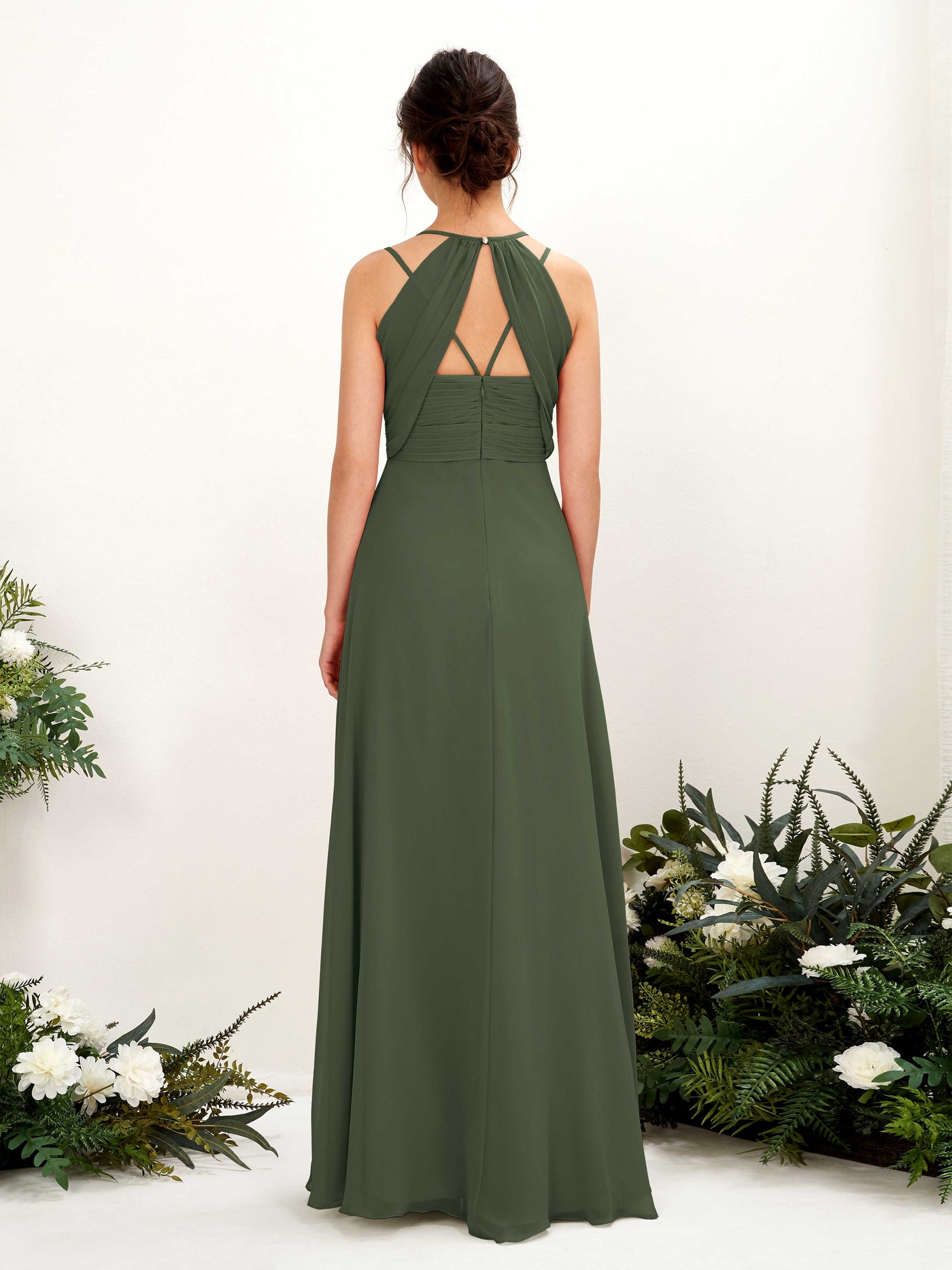 Carlyna A-Linie Bodenlang V-Ausschnitt Neckholder Brautjungfernkleider Martini-Olive #farbe_martini-olive