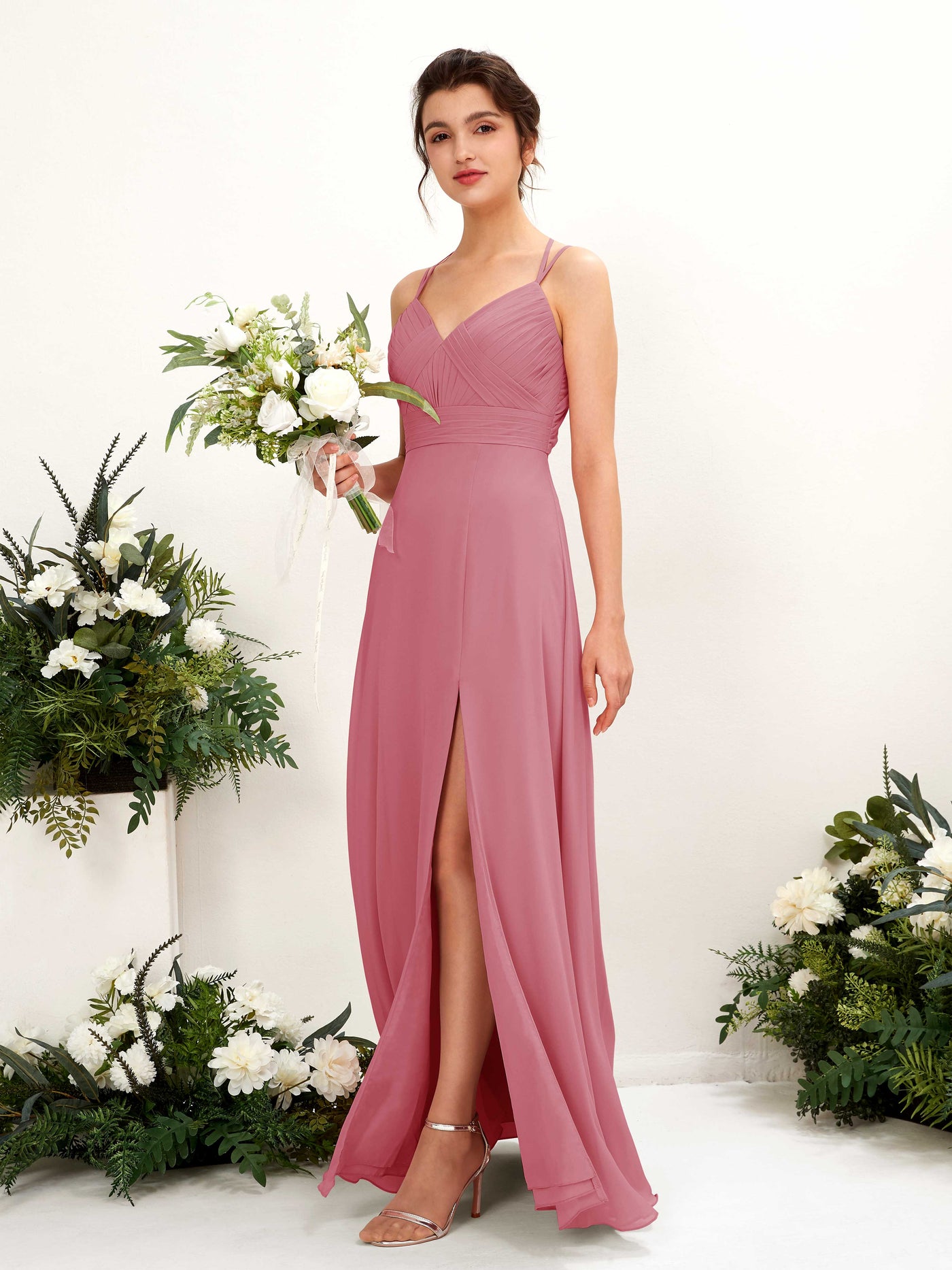 Carlyna A-Linie Bodenlang V-Ausschnitt Neckholder Brautjungfernkleider Wüstenrose #farbe_w-stenrose