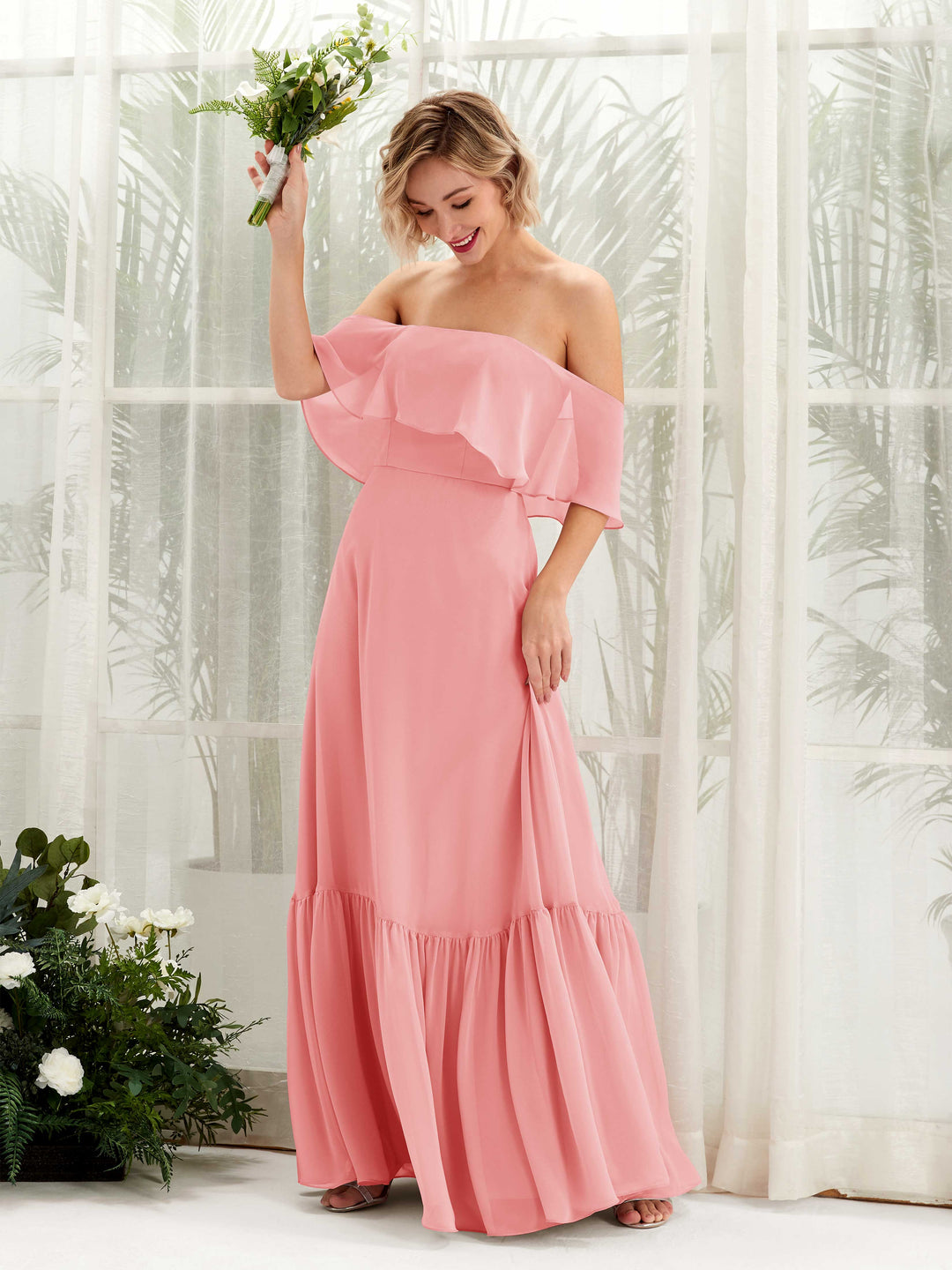 Carlyna A-Linie Carmen Bodenlang Chiffon Brautjungfernkleider Ballettrosa 
