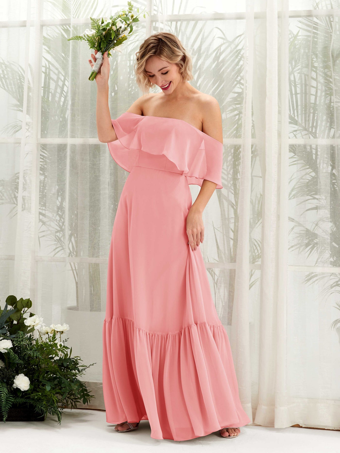 Carlyna A-Linie Carmen Bodenlang Chiffon Brautjungfernkleider Ballettrosa #farbe_ballettrosa