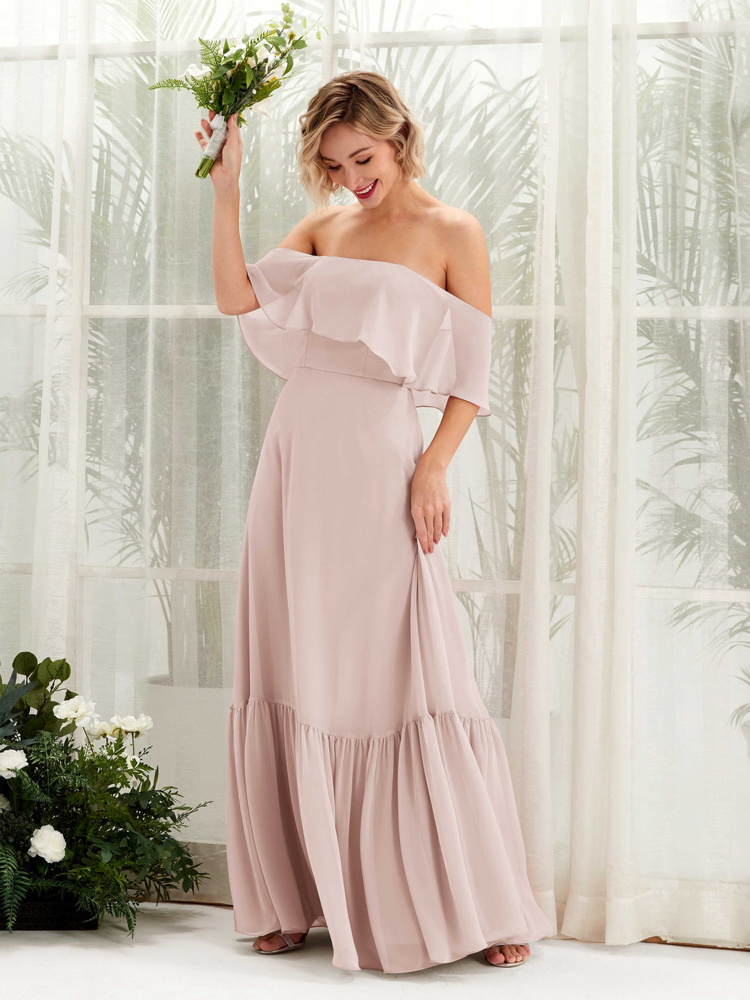 Carlyna A-Linie Carmen Bodenlang Chiffon Brautjungfernkleider Biscotti 