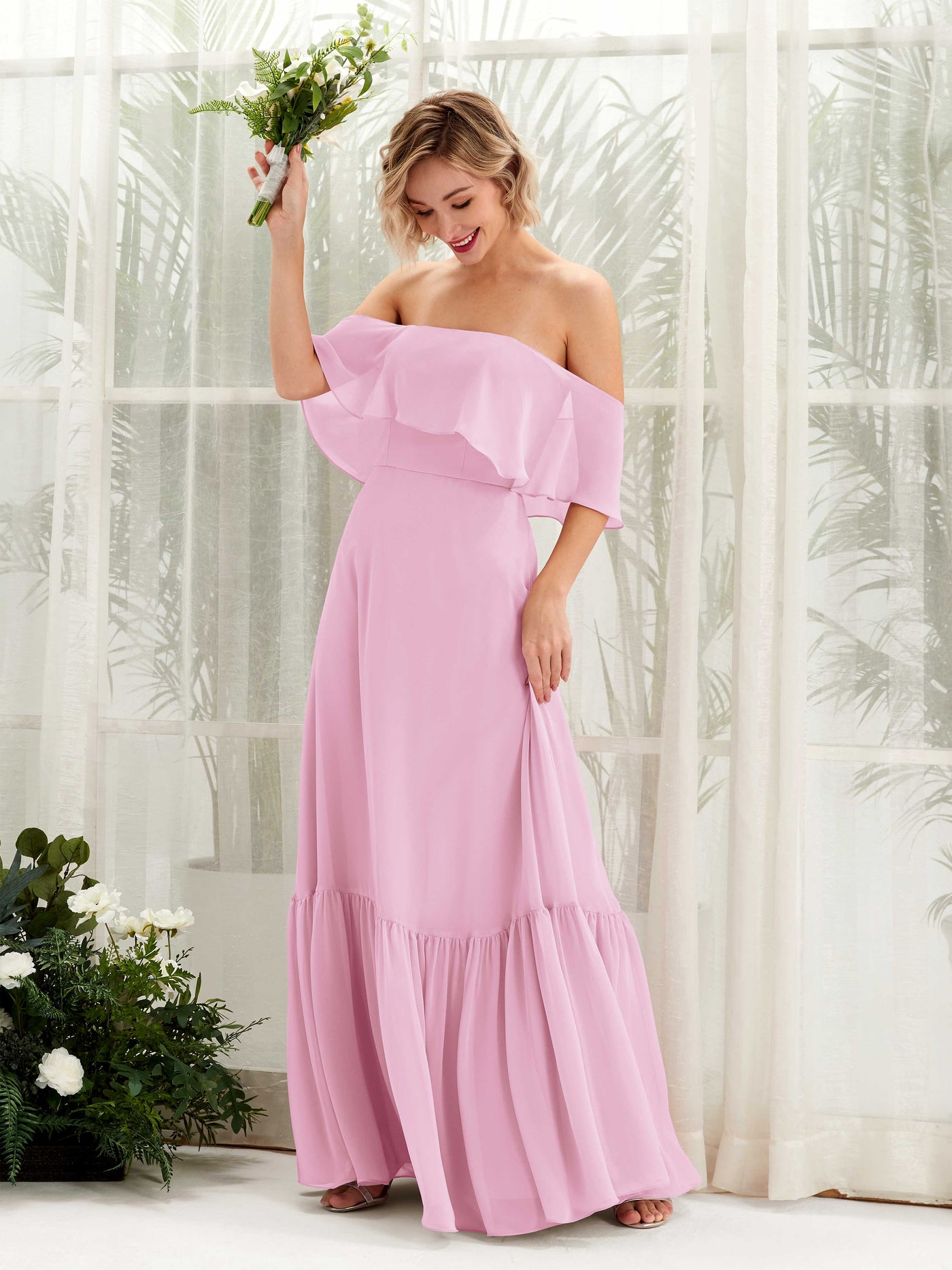 Carlyna A-Linie Carmen Bodenlang Chiffon Brautjungfernkleider Bonbonrosa #farbe_bonbonrosa
