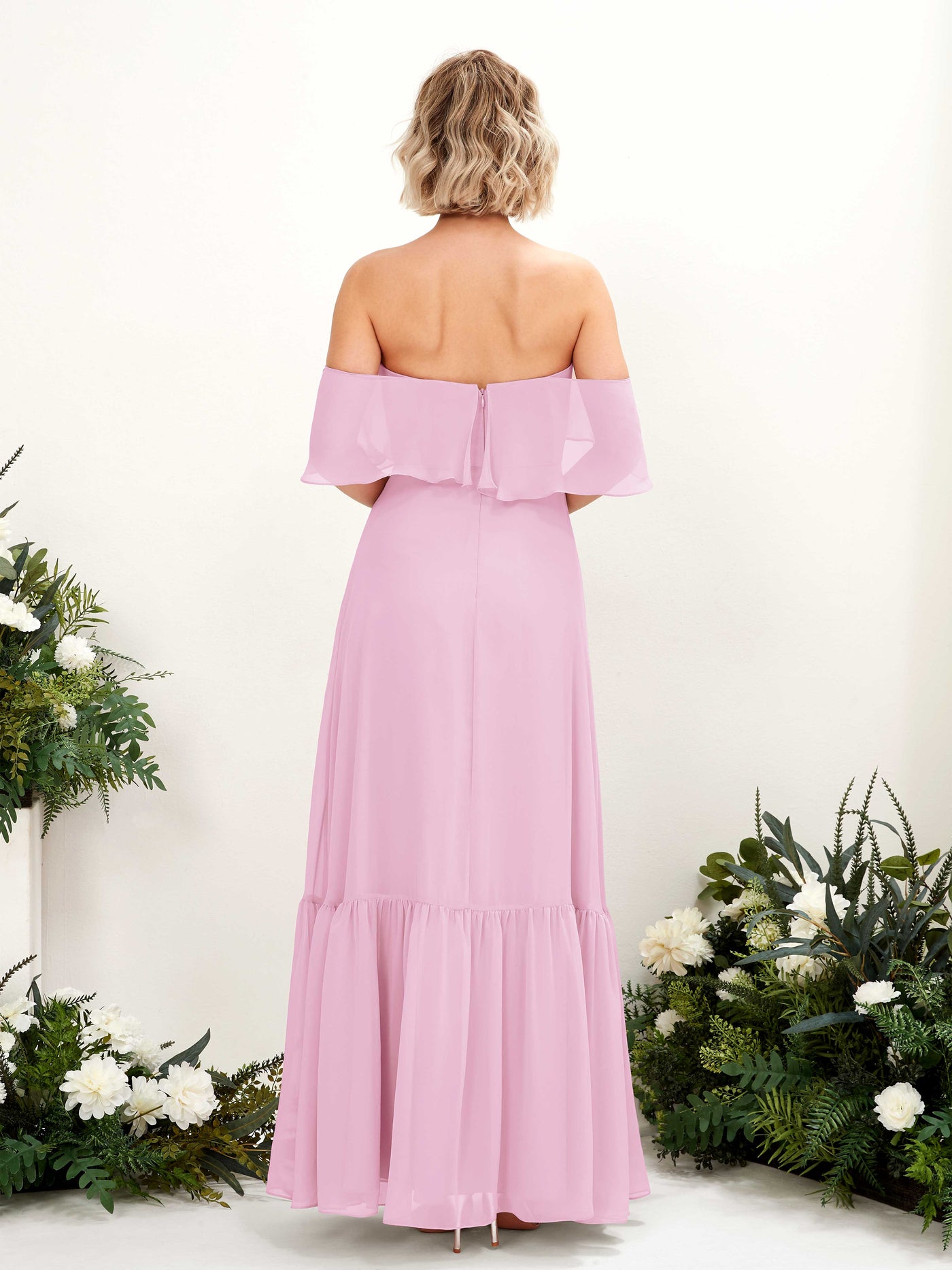 Carlyna A-Linie Carmen Bodenlang Chiffon Brautjungfernkleider Bonbonrosa #farbe_bonbonrosa
