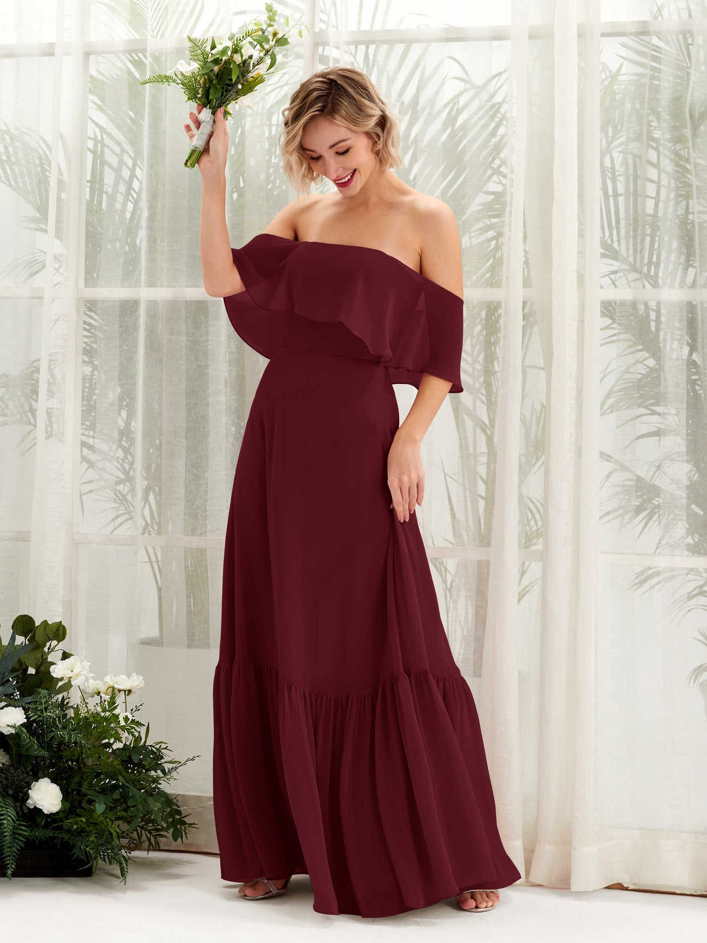 Carlyna A-Linie Carmen Bodenlang Chiffon Brautjungfernkleider Burgunderrot #farbe_burgunderrot