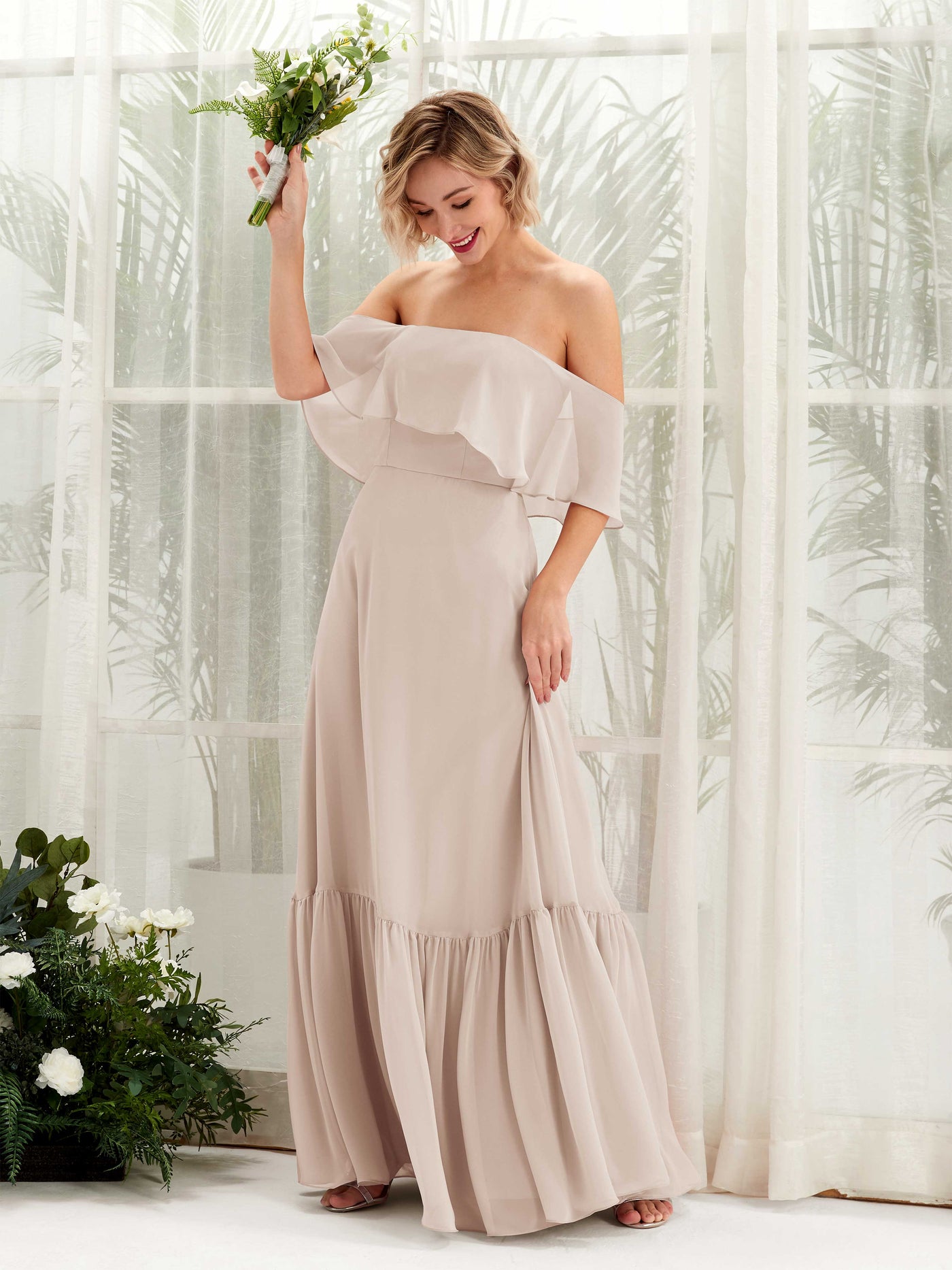 Carlyna A-Linie Carmen Bodenlang Chiffon Brautjungfernkleider Champagner #farbe_champagner