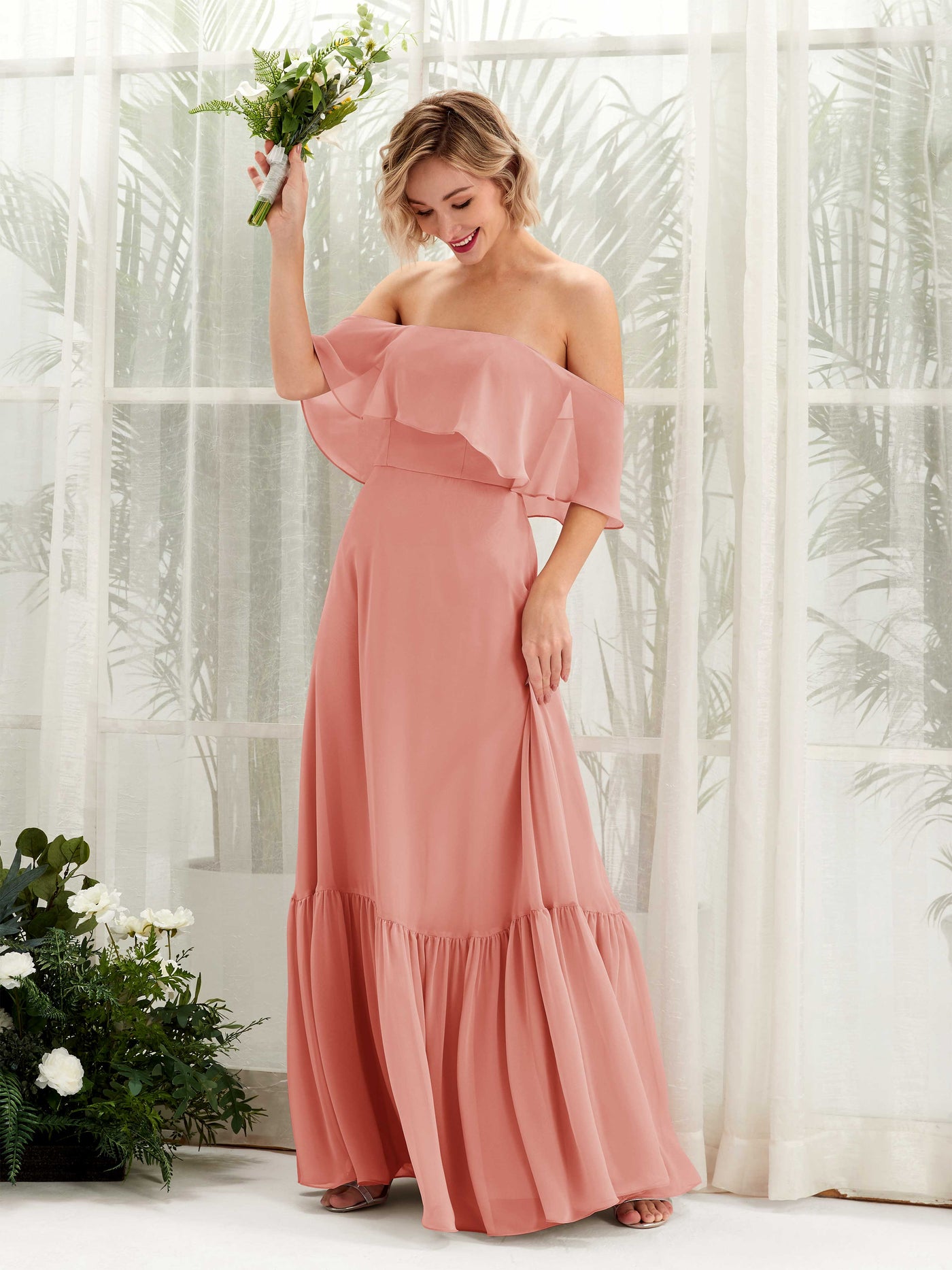 Carlyna A-Linie Carmen Bodenlang Chiffon Brautjungfernkleider Champagner-Rose #farbe_champagner-rose