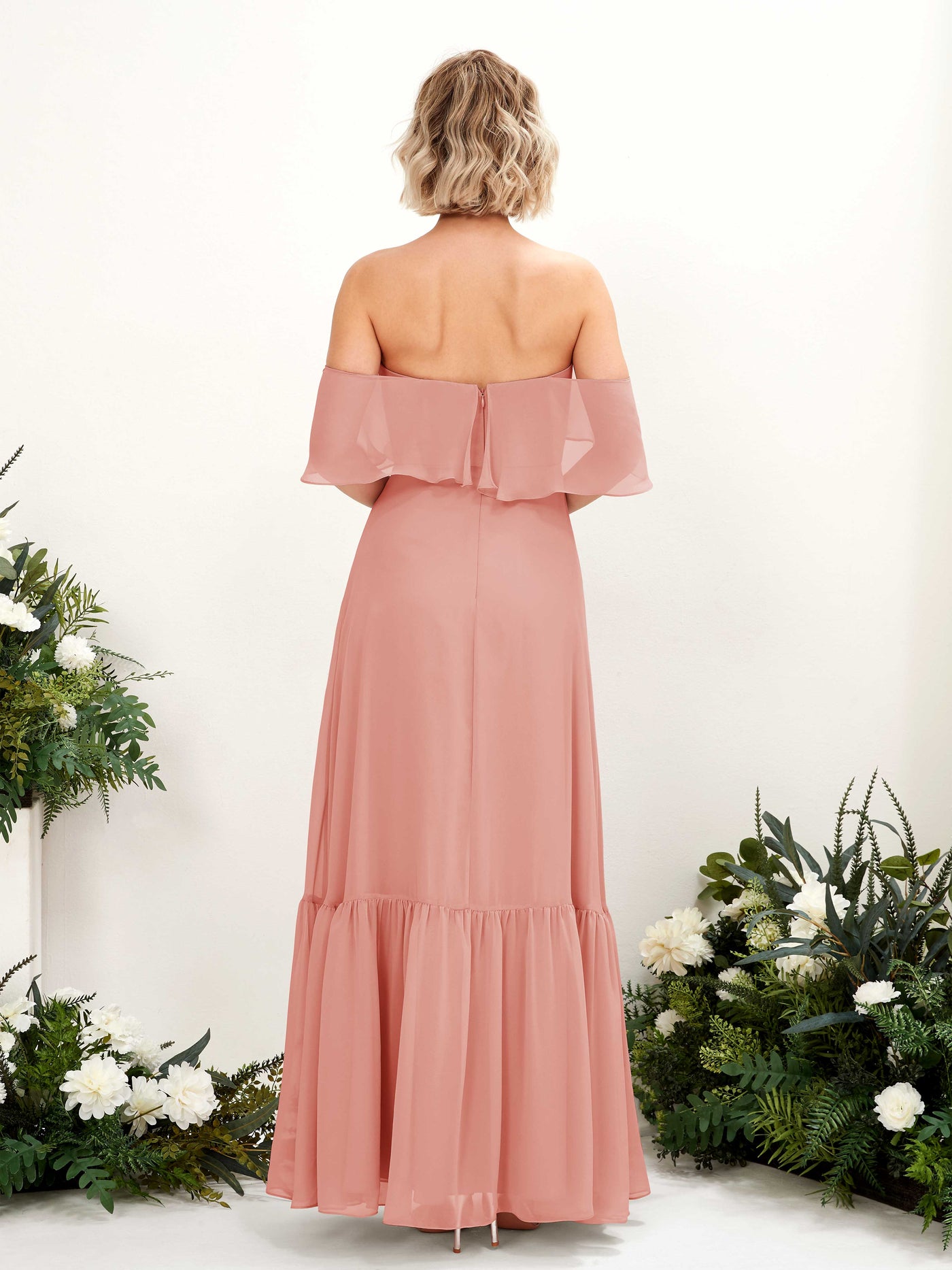 Carlyna A-Linie Carmen Bodenlang Chiffon Brautjungfernkleider Champagner-Rose #farbe_champagner-rose