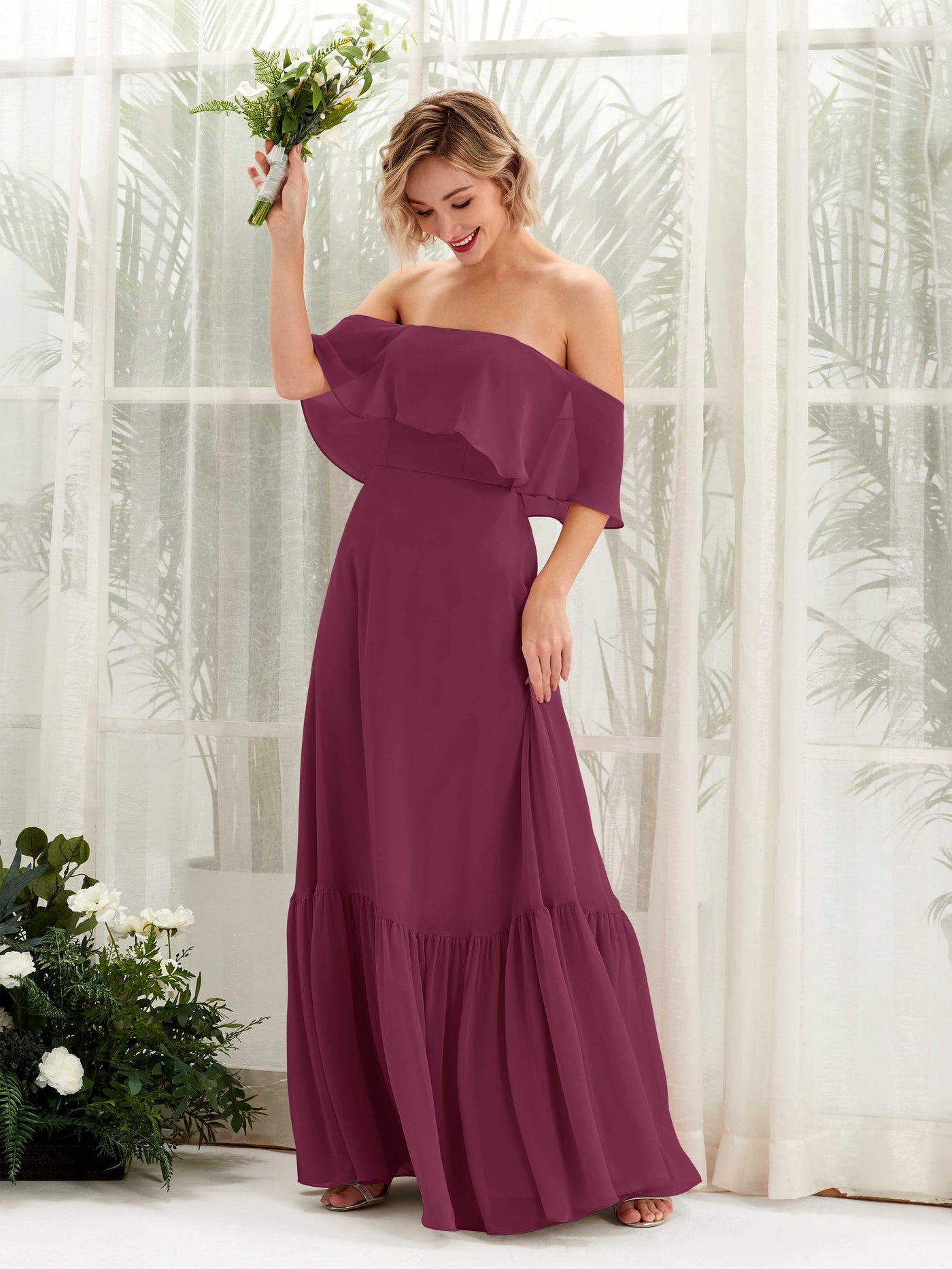 Carlyna A-Linie Carmen Bodenlang Chiffon Brautjungfernkleider Chianti #farbe_chianti