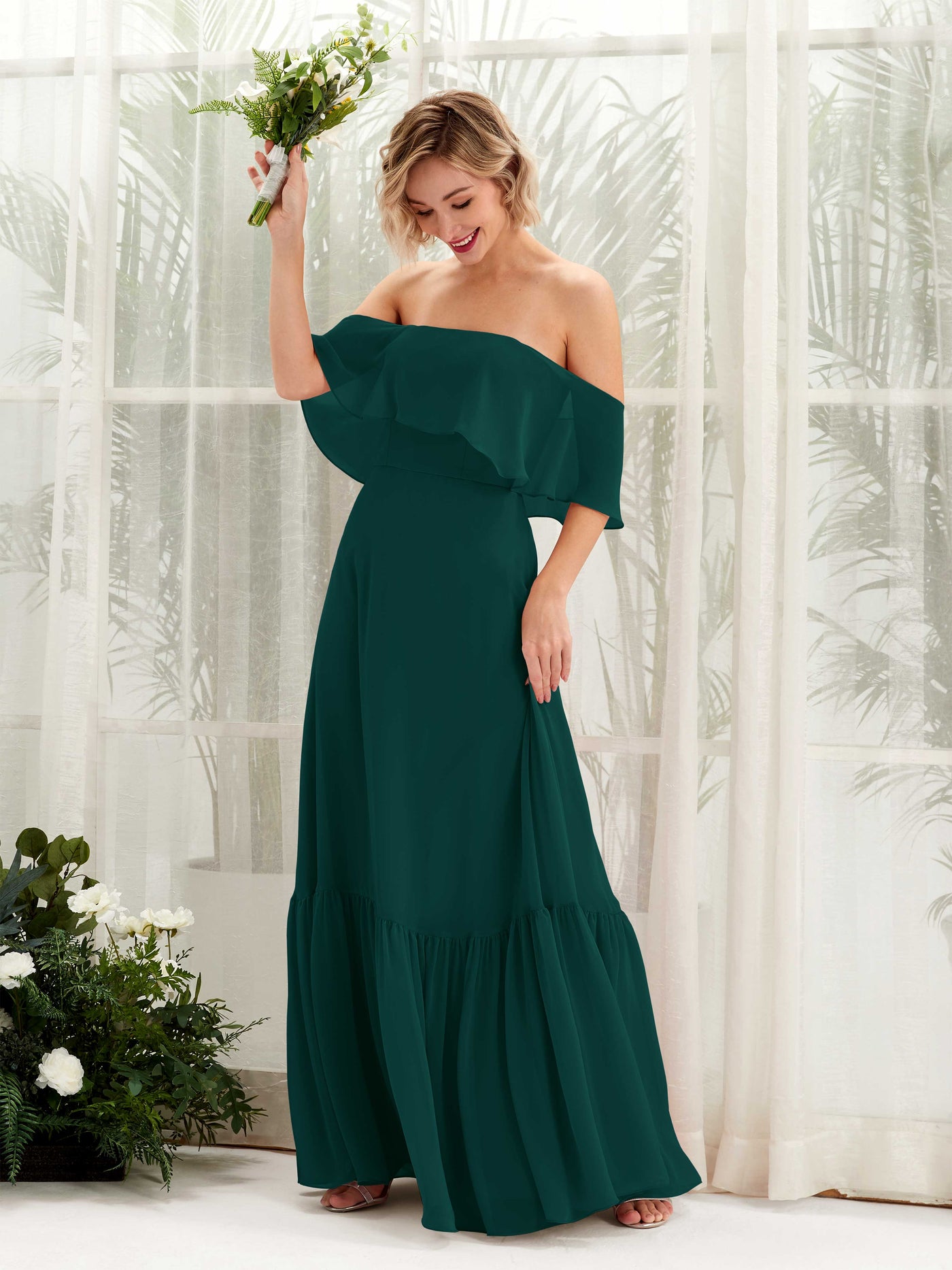 Carlyna A-Linie Carmen Bodenlang Chiffon Brautjungfernkleider Dunkelsmaragd #farbe_dunkelsmaragd