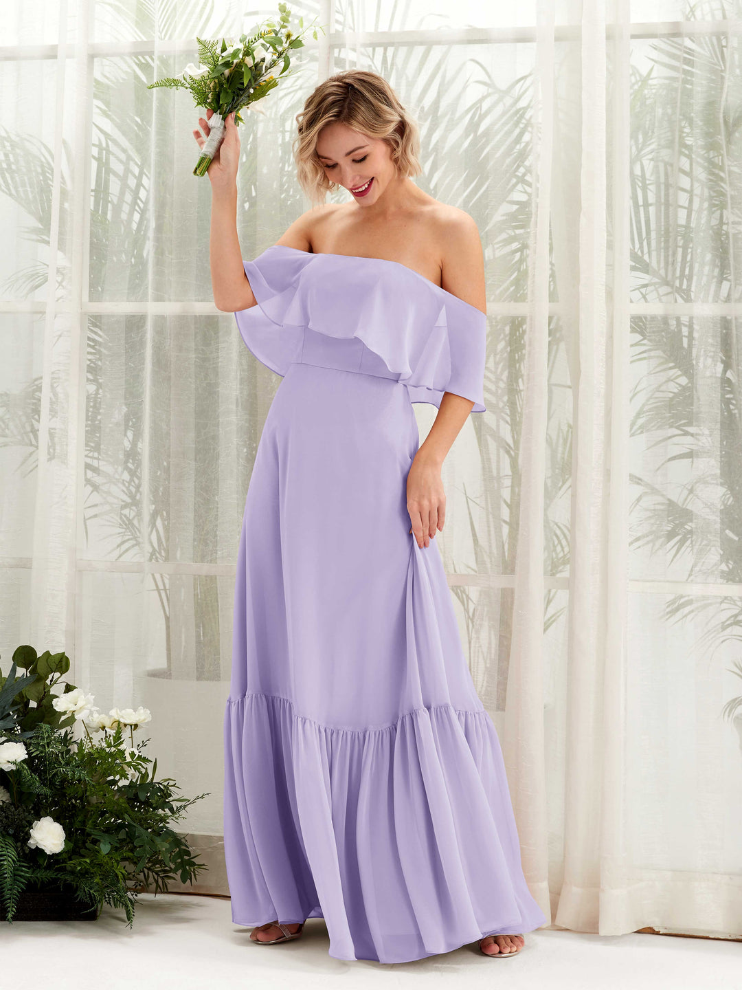 Carlyna A-Linie Carmen Bodenlang Chiffon Brautjungfernkleider Flieder 
