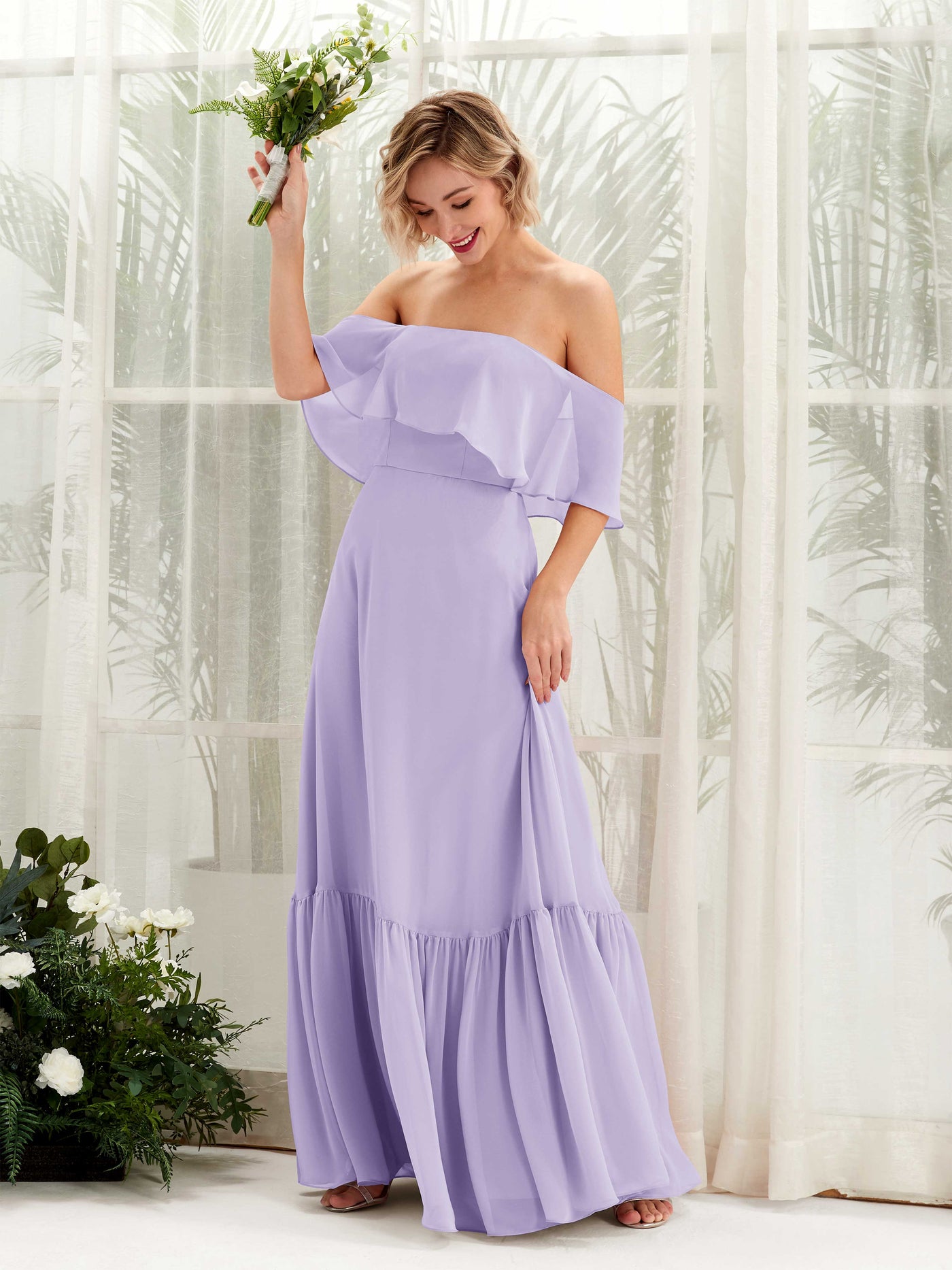 Carlyna A-Linie Carmen Bodenlang Chiffon Brautjungfernkleider Flieder #farbe_flieder