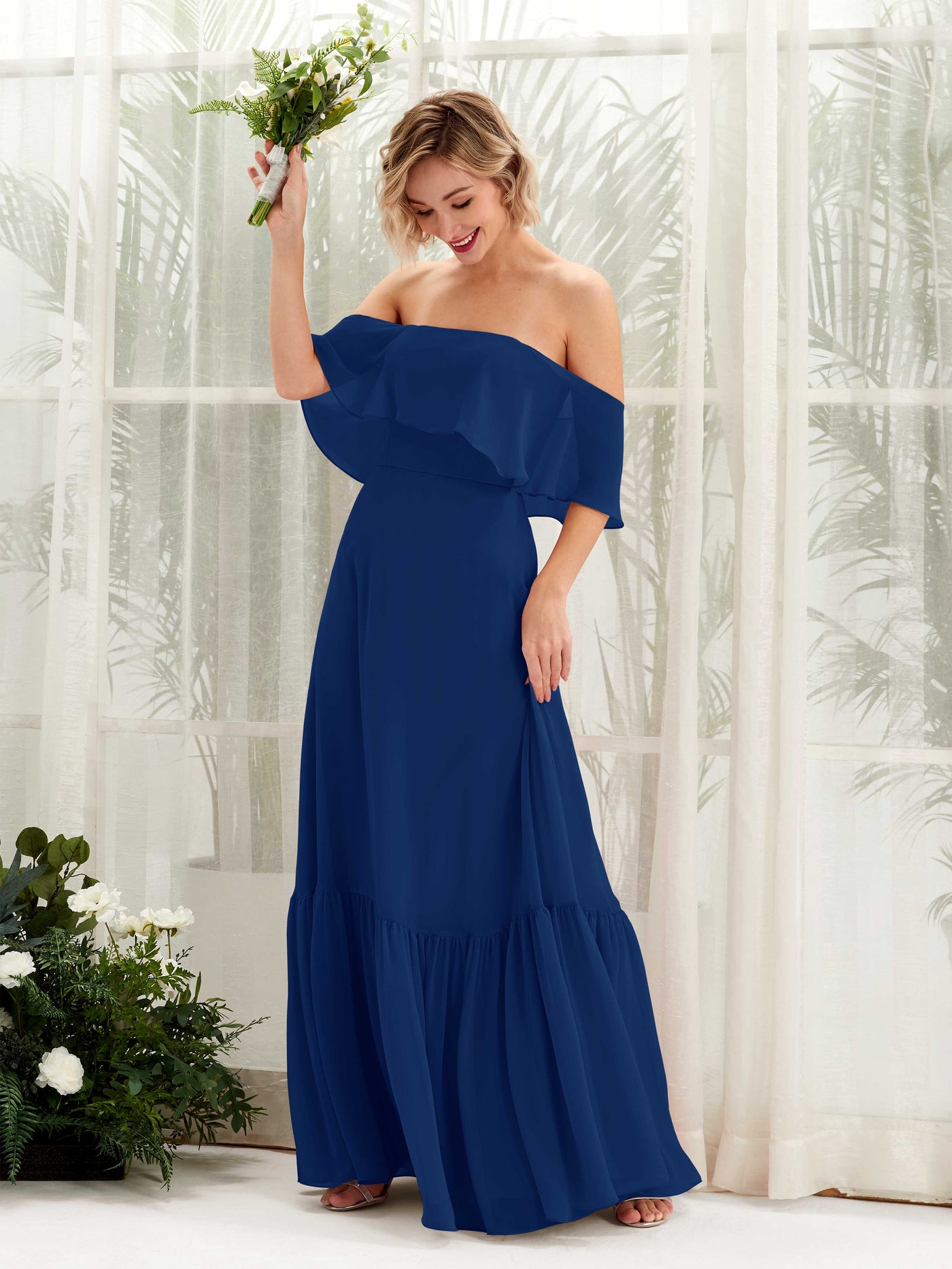 Carlyna A-Linie Carmen Bodenlang Chiffon Brautjungfernkleider Königsblau #farbe_k-nigsblau