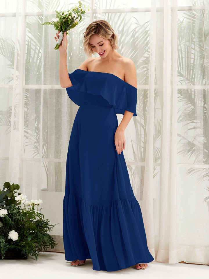 Carlyna A-Linie Carmen Bodenlang Chiffon Brautjungfernkleider Königsblau 