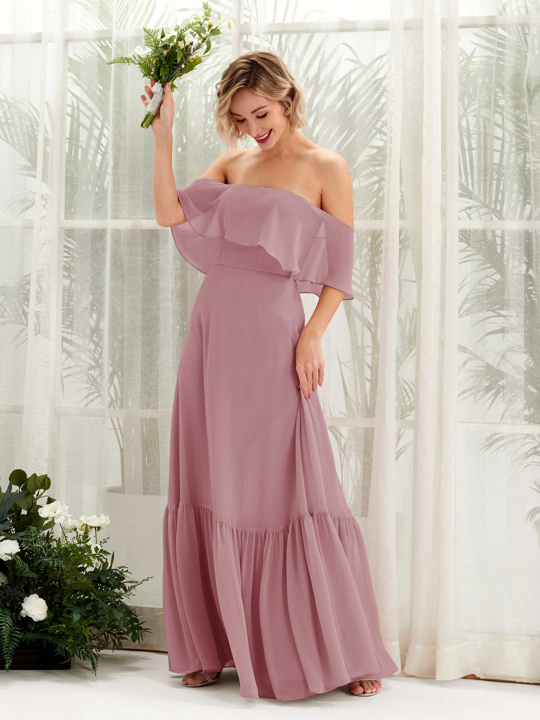 Carlyna A-Linie Carmen Bodenlang Chiffon Brautjungfernkleider Klassisch Mauve 