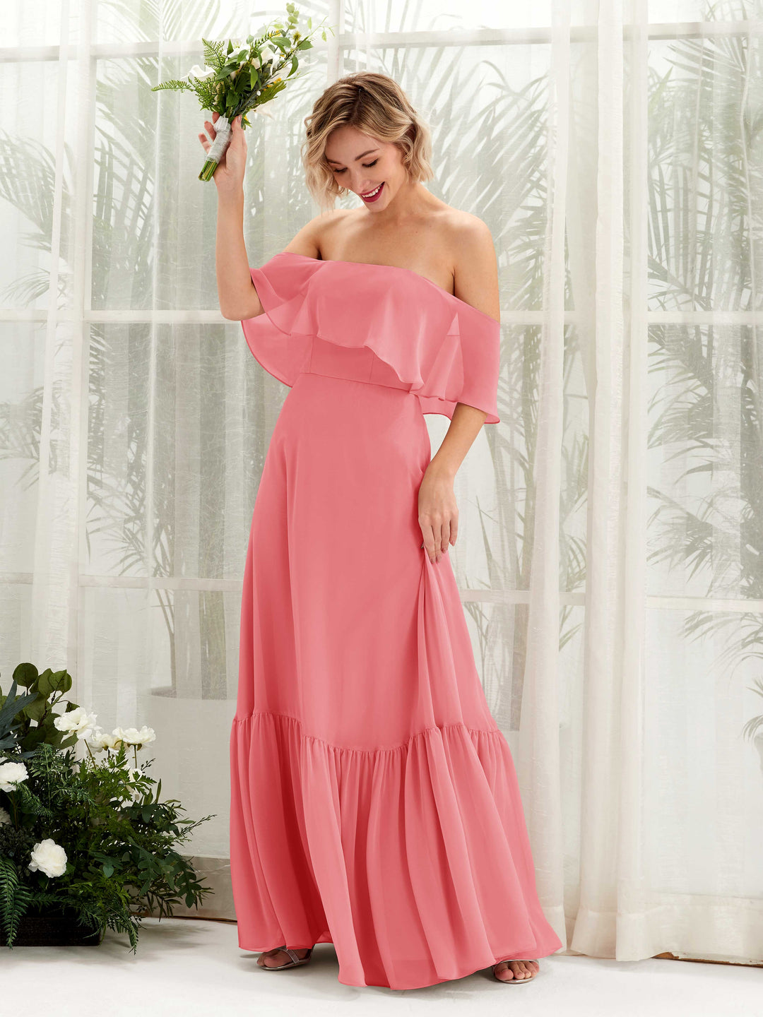 Carlyna A-Linie Carmen Bodenlang Chiffon Brautjungfernkleider Korallenrosa 