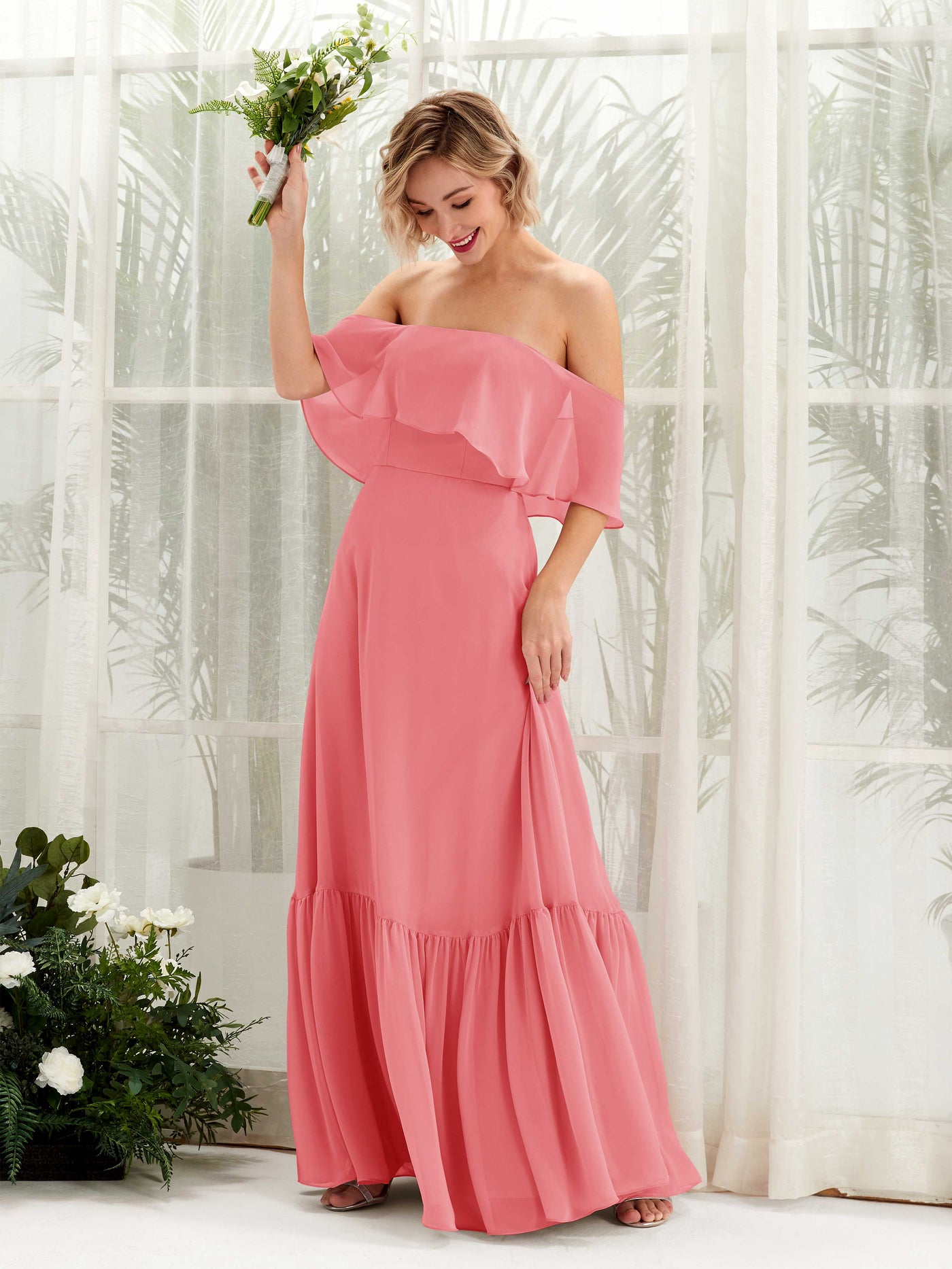 Carlyna A-Linie Carmen Bodenlang Chiffon Brautjungfernkleider Korallenrosa #farbe_korallenrosa