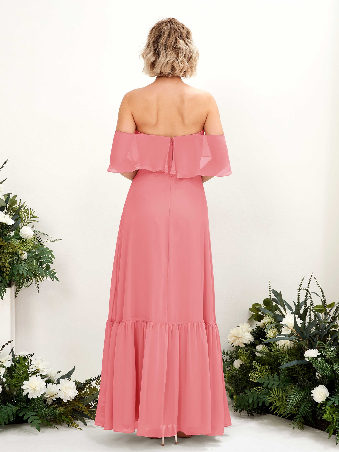 Carlyna A-Linie Carmen Bodenlang Chiffon Brautjungfernkleider Korallenrosa #farbe_korallenrosa