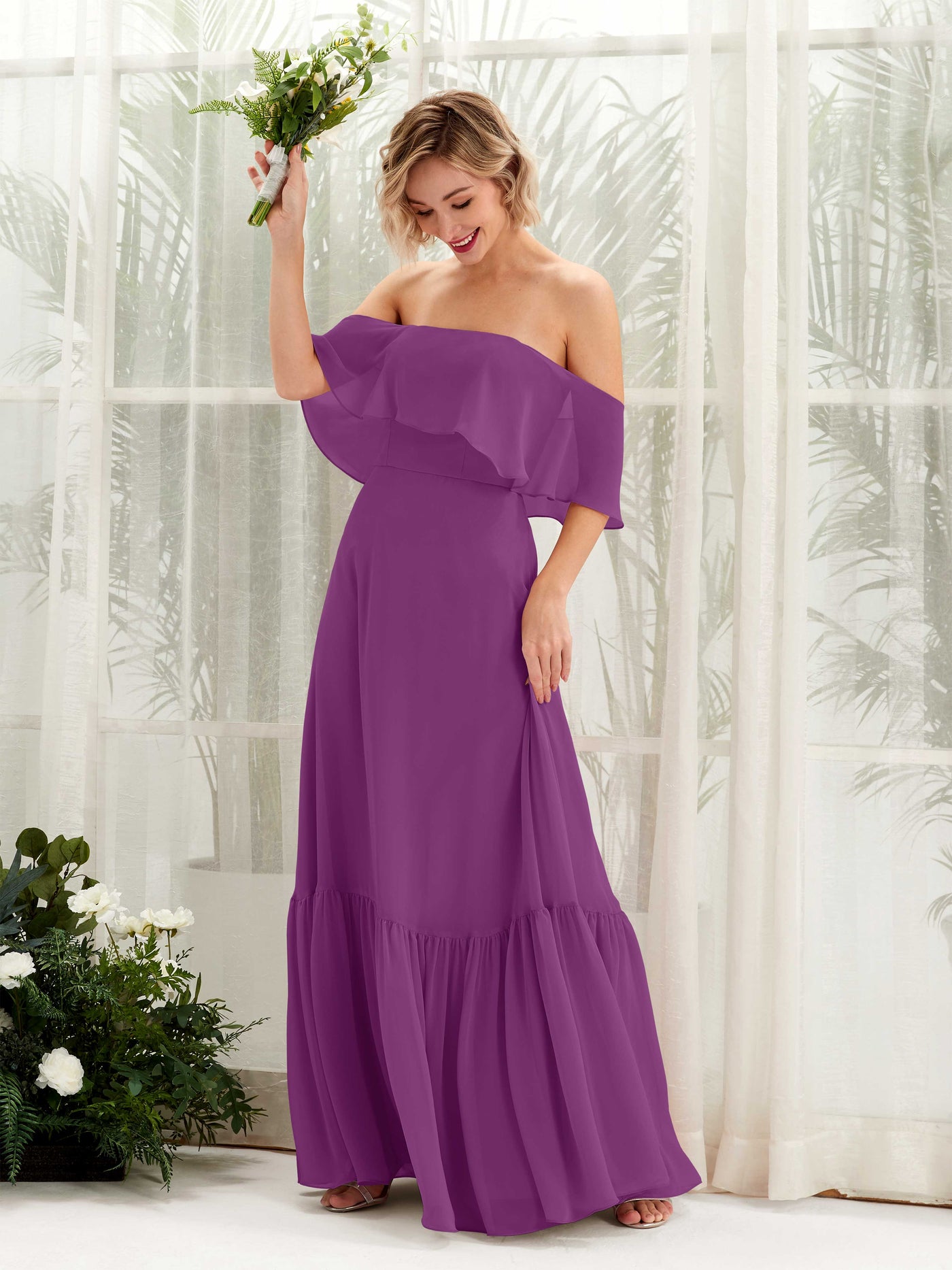 Carlyna A-Linie Carmen Bodenlang Chiffon Brautjungfernkleider Lila #farbe_lila