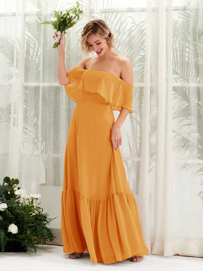 Carlyna A-Linie Carmen Bodenlang Chiffon Brautjungfernkleider Mango #farbe_mango