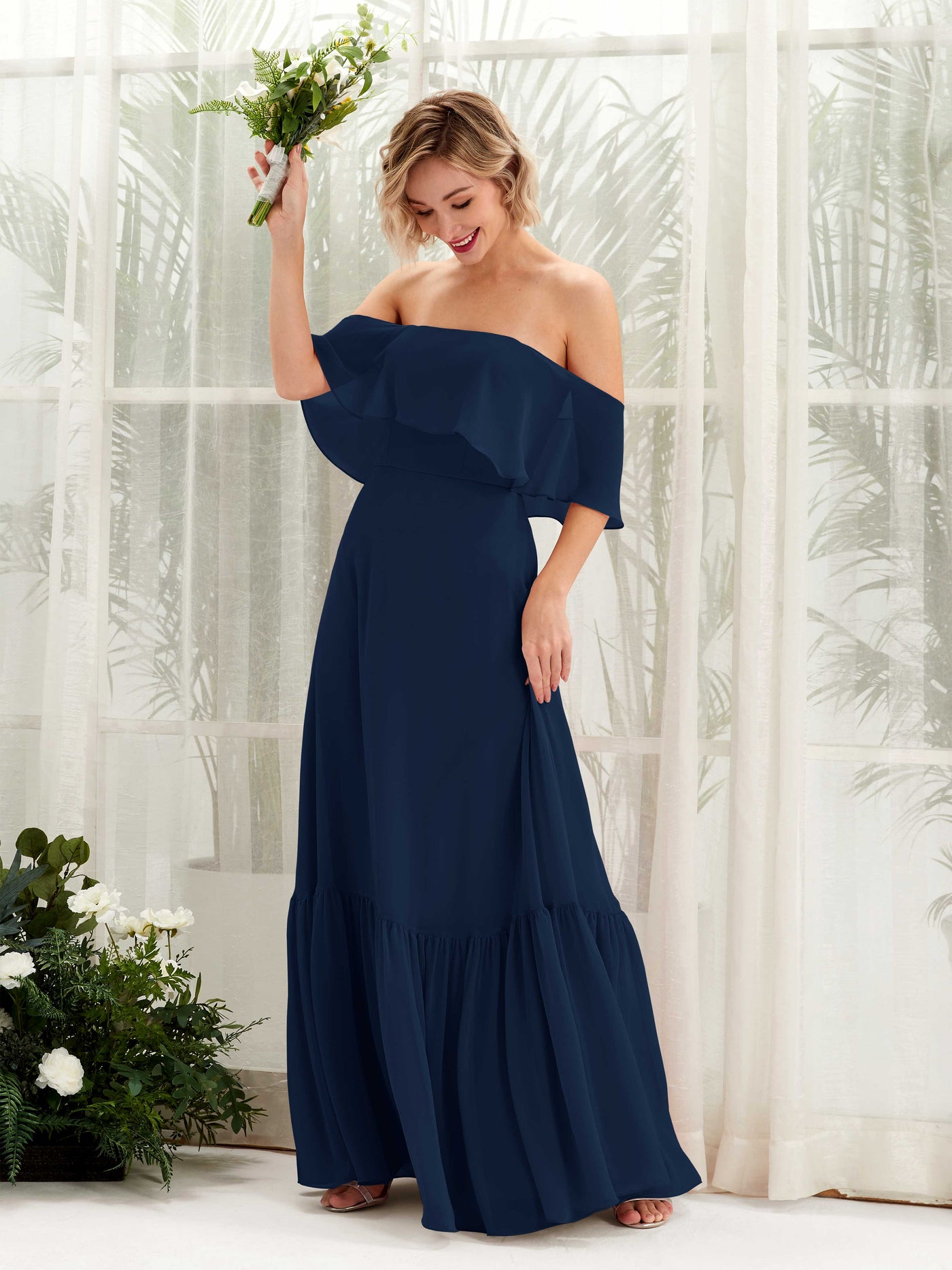 Carlyna A-Linie Carmen Bodenlang Chiffon Brautjungfernkleider Marineblau #farbe_marineblau