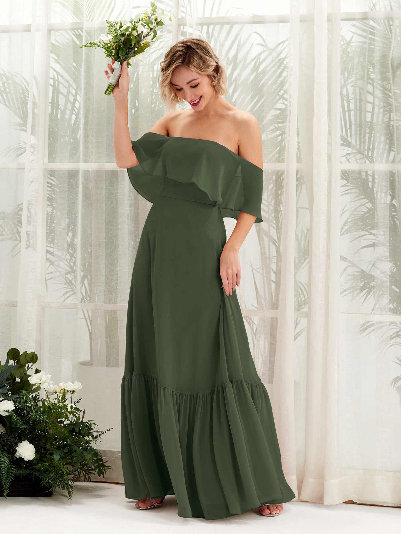 Carlyna A-Linie Carmen Bodenlang Chiffon Brautjungfernkleider Martini-Olive #farbe_martini-olive