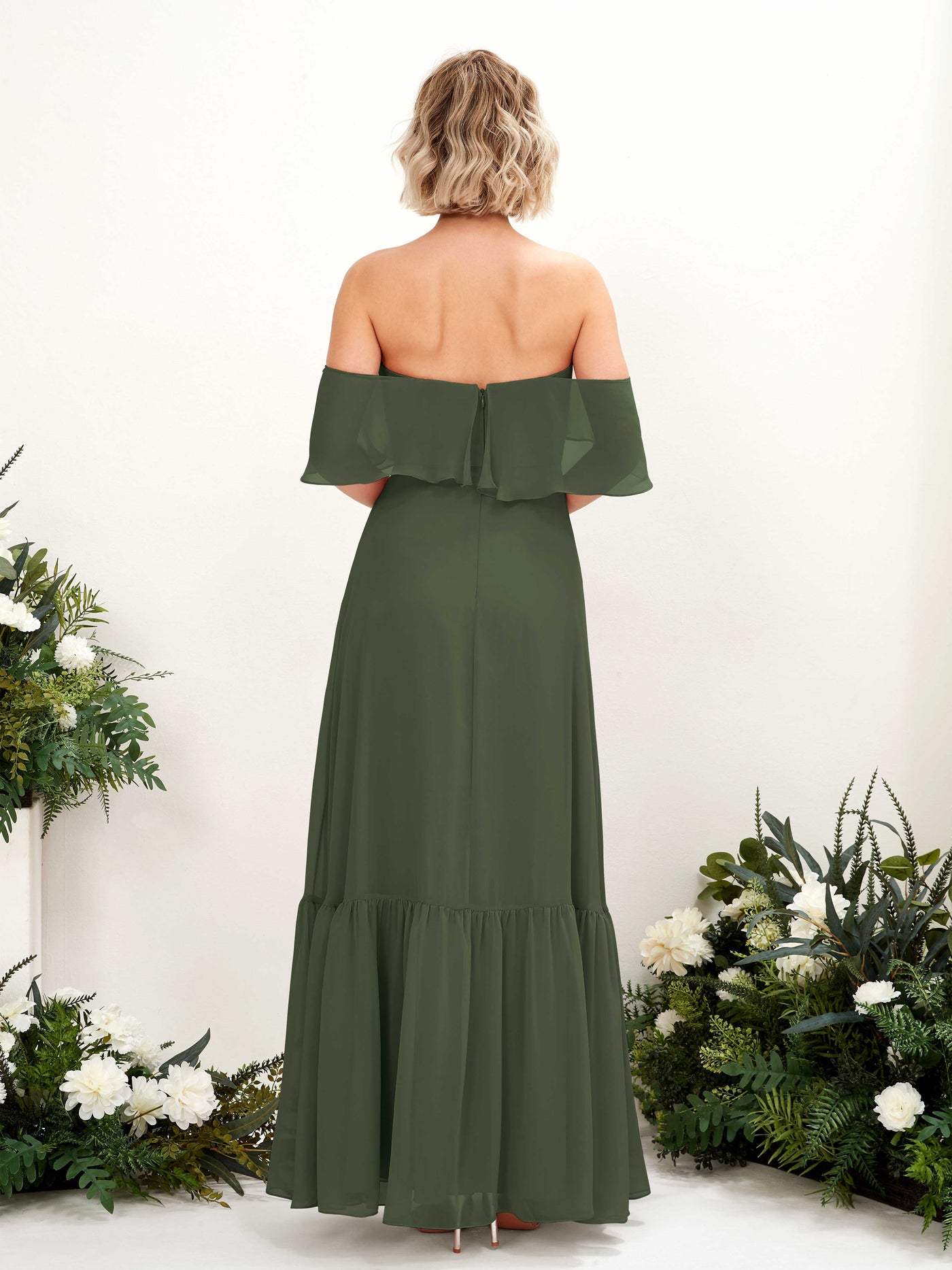 Carlyna A-Linie Carmen Bodenlang Chiffon Brautjungfernkleider Martini-Olive #farbe_martini-olive