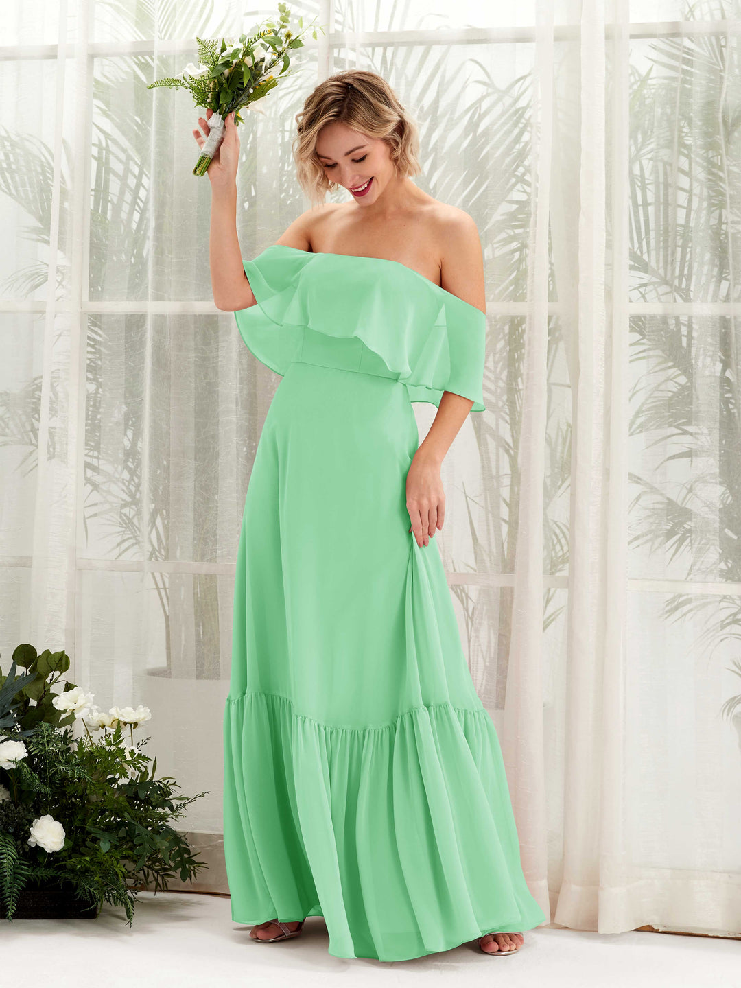 Carlyna A-Linie Carmen Bodenlang Chiffon Brautjungfernkleider Minzgrün 