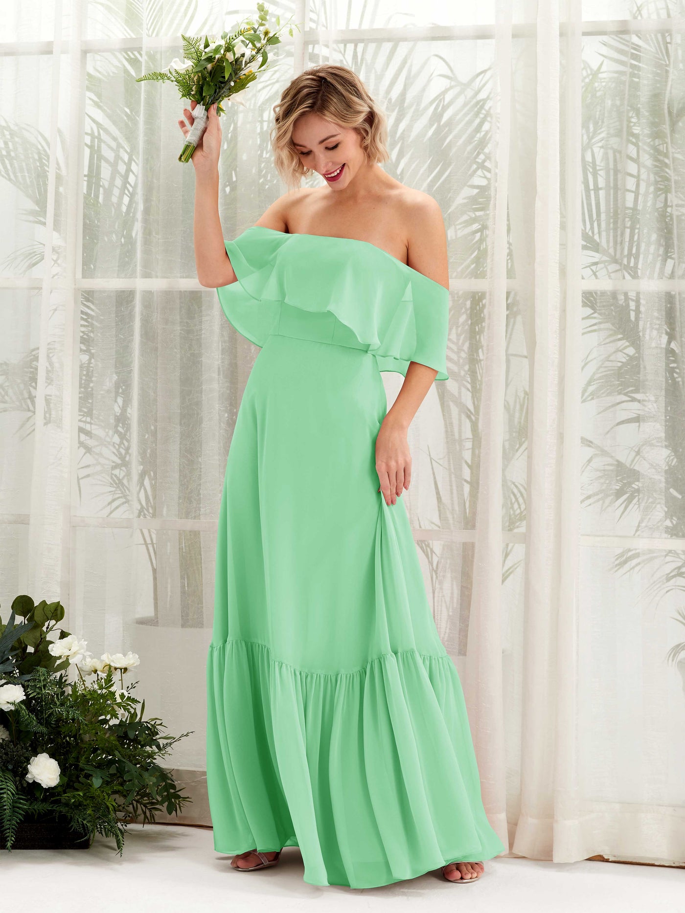 Carlyna A-Linie Carmen Bodenlang Chiffon Brautjungfernkleider Minzgrün #farbe_minzgr-n