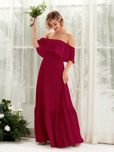 Carlyna A-Linie Carmen Bodenlang Chiffon Brautjungfernkleider Narrenrot #farbe_narrenrot