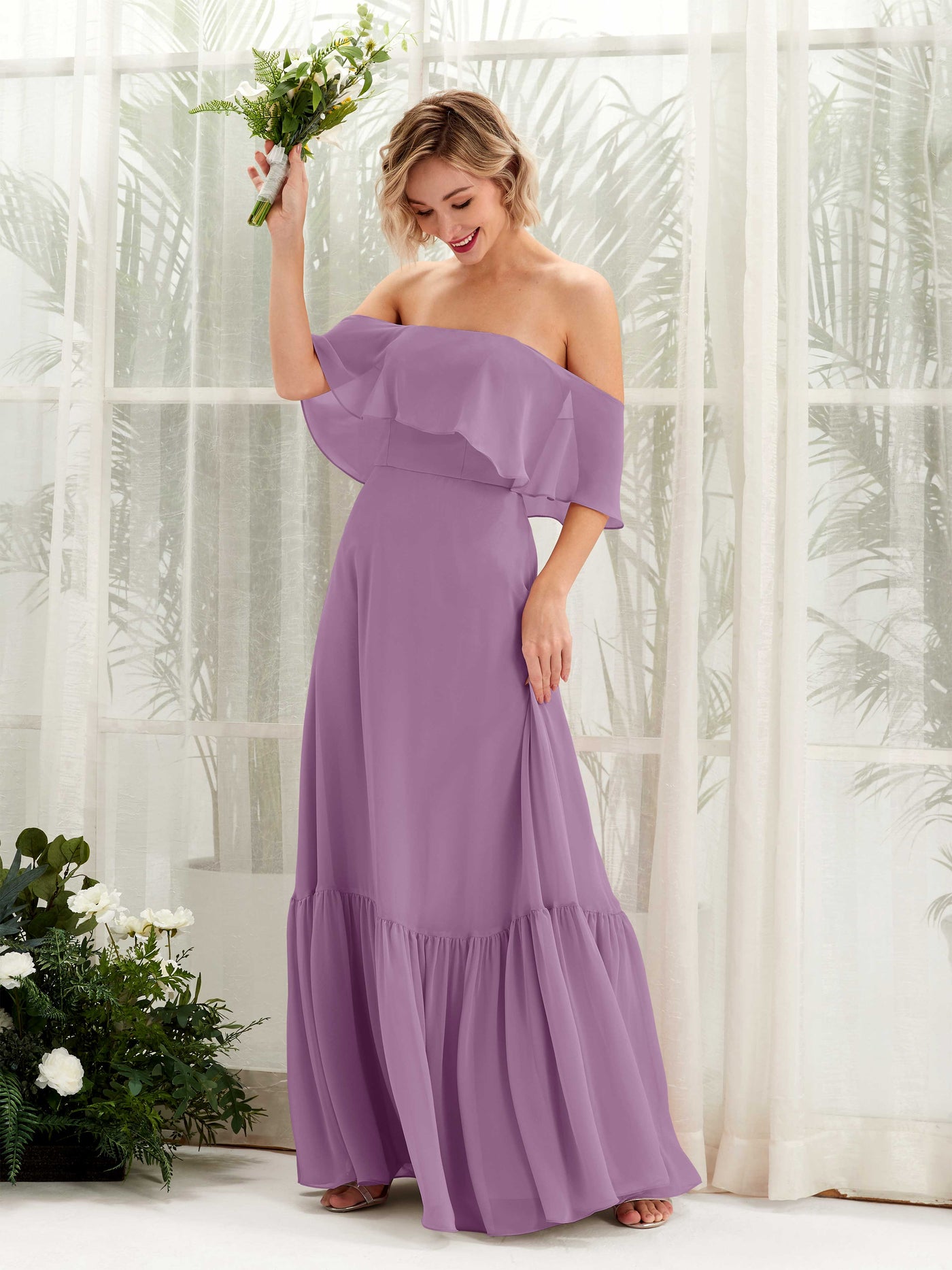 Carlyna A-Linie Carmen Bodenlang Chiffon Brautjungfernkleider Orchideen-Nebel #farbe_orchideen-nebel