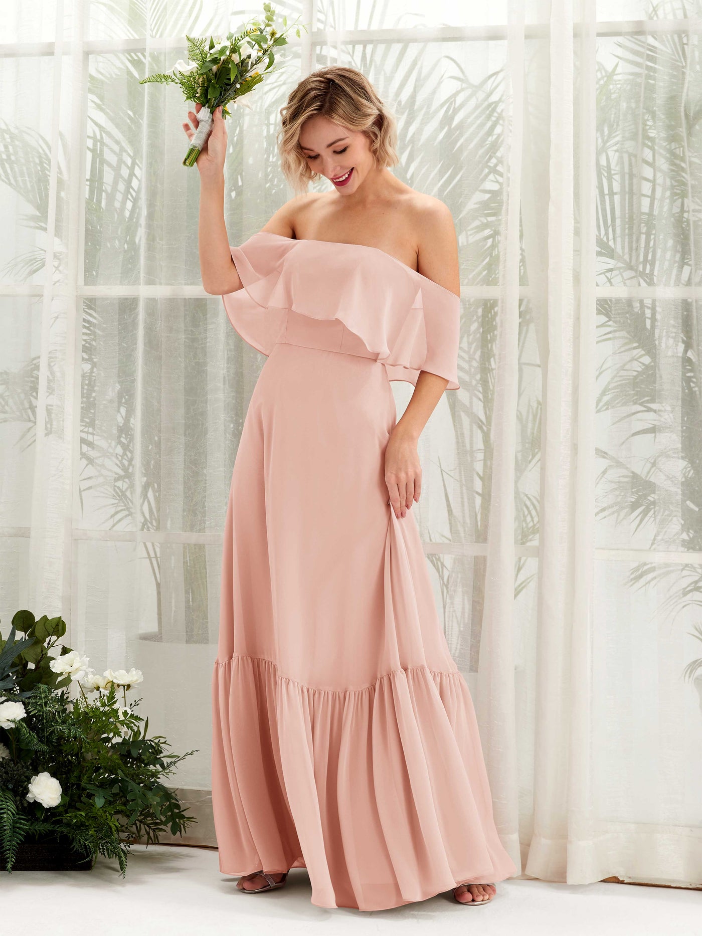 Carlyna A-Linie Carmen Bodenlang Chiffon Brautjungfernkleider Perlrosa #farbe_perlrosa
