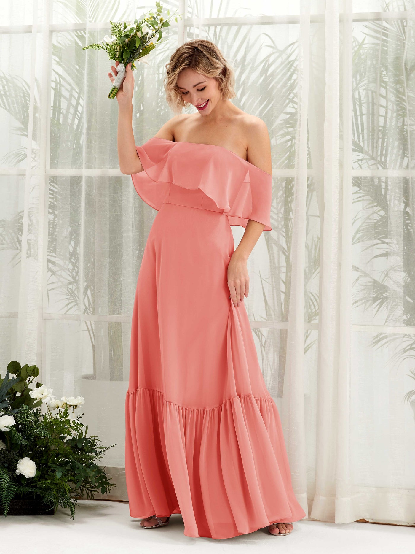 Carlyna A-Linie Carmen Bodenlang Chiffon Brautjungfernkleider Pfirsichrosa #farbe_pfirsichrosa
