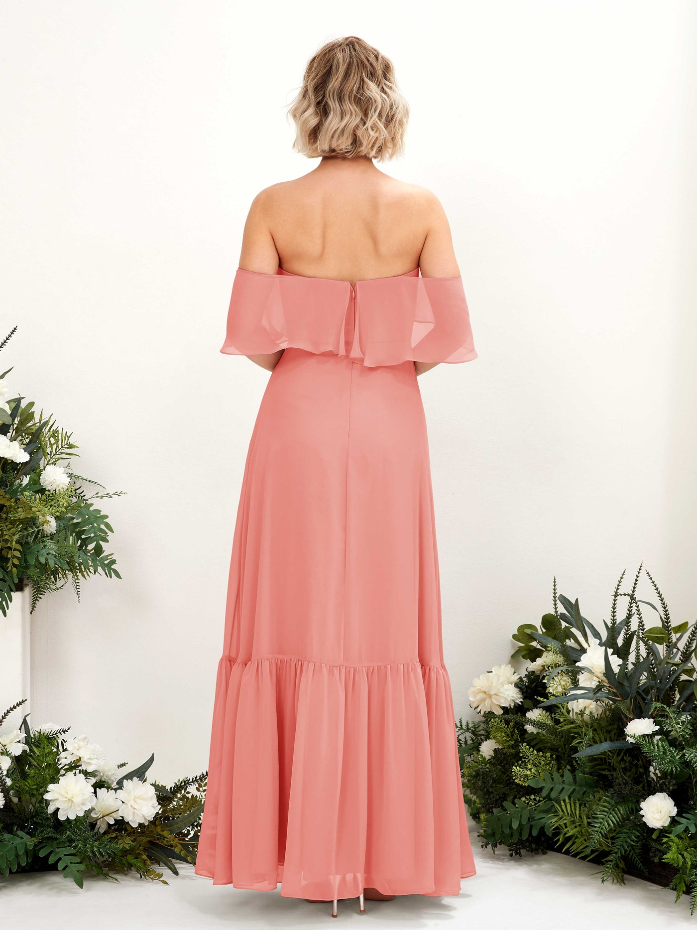 Carlyna A-Linie Carmen Bodenlang Chiffon Brautjungfernkleider Pfirsichrosa #farbe_pfirsichrosa