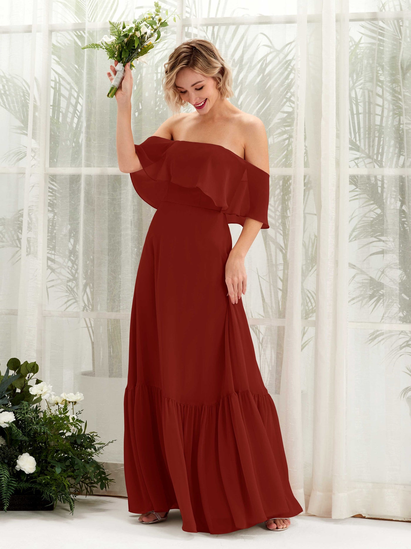 Carlyna A-Linie Carmen Bodenlang Chiffon Brautjungfernkleider Rostrot #farbe_rostrot