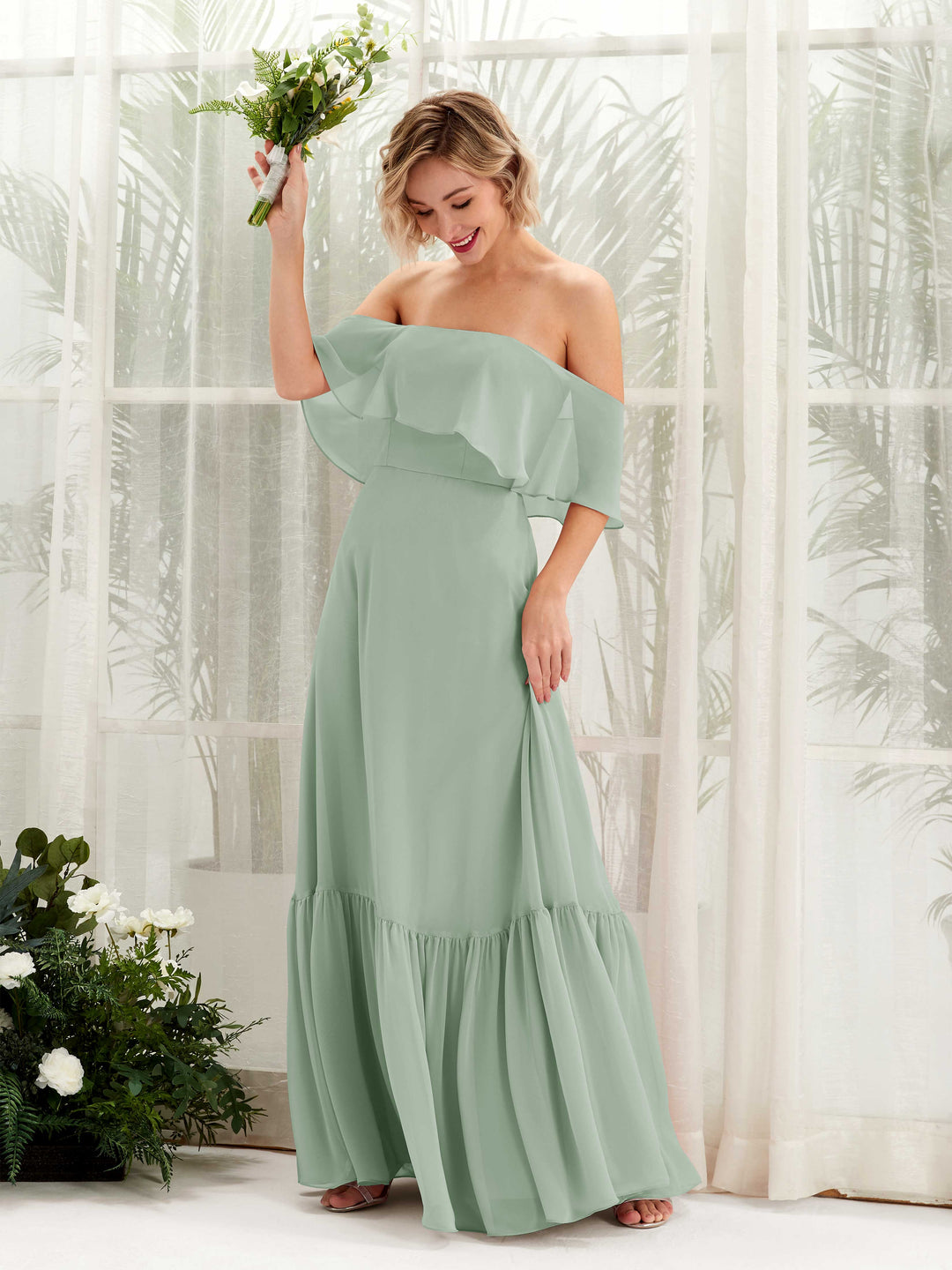 Carlyna A-Linie Carmen Bodenlang Chiffon Brautjungfernkleider Salbeigrün 