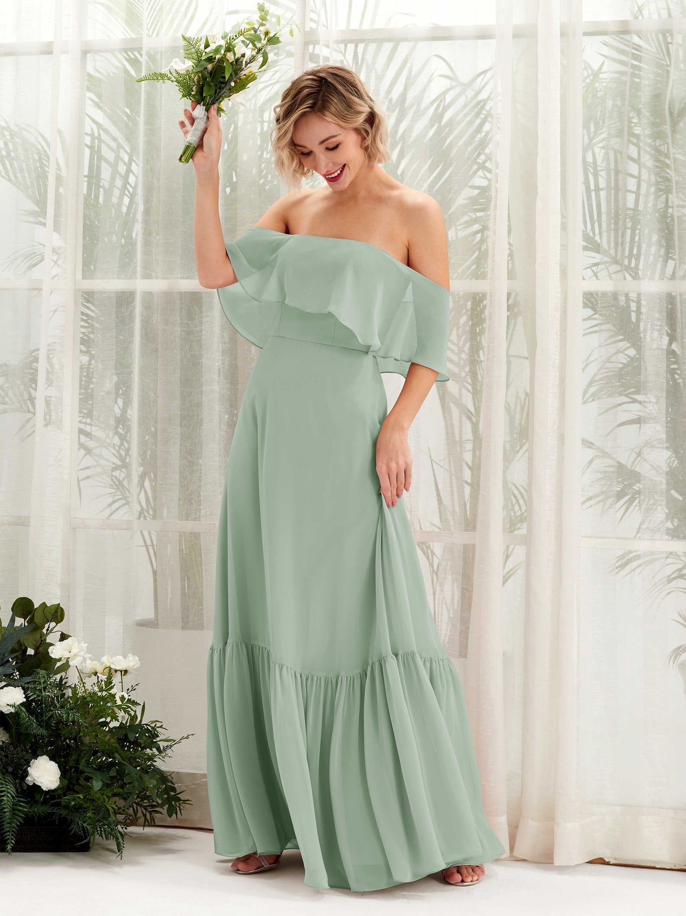 Carlyna A-Linie Carmen Bodenlang Chiffon Brautjungfernkleider Salbeigrün #farbe_salbeigr-n
