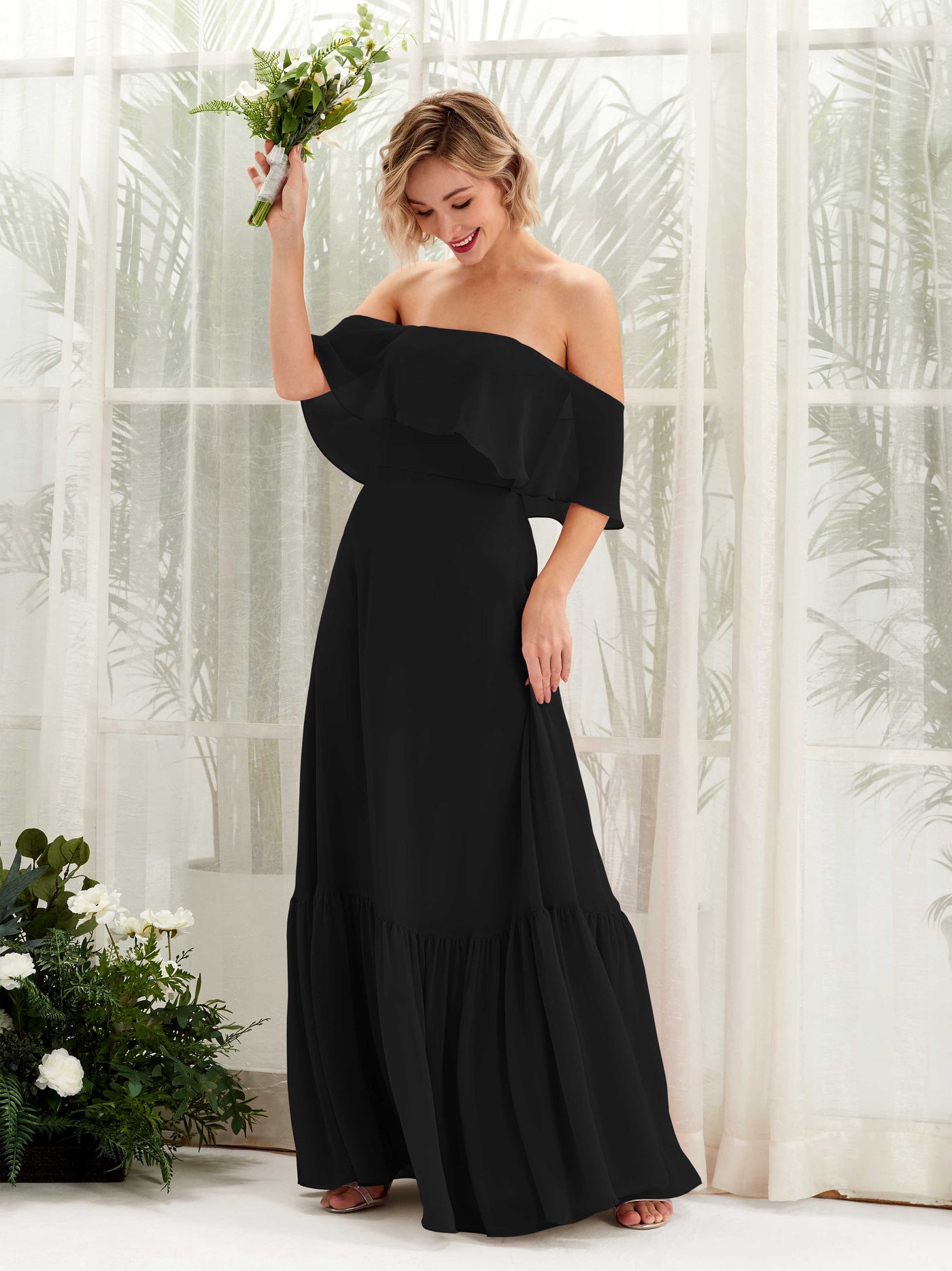 Carlyna A-Linie Carmen Bodenlang Chiffon Brautjungfernkleider Schwarz #farbe_schwarz