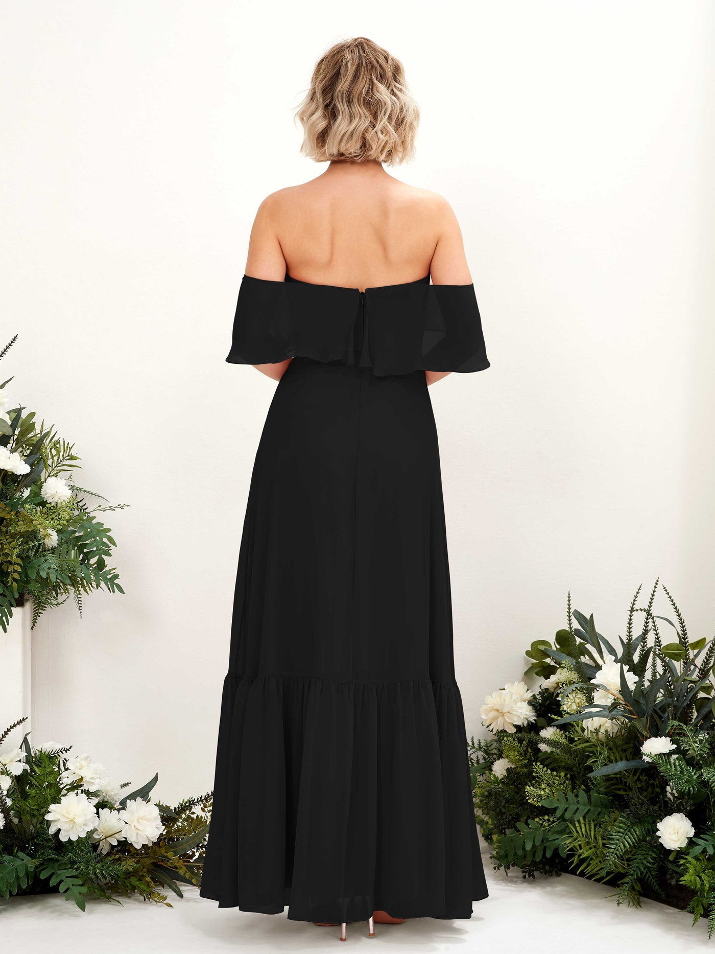 Carlyna A-Linie Carmen Bodenlang Chiffon Brautjungfernkleider Schwarz #farbe_schwarz